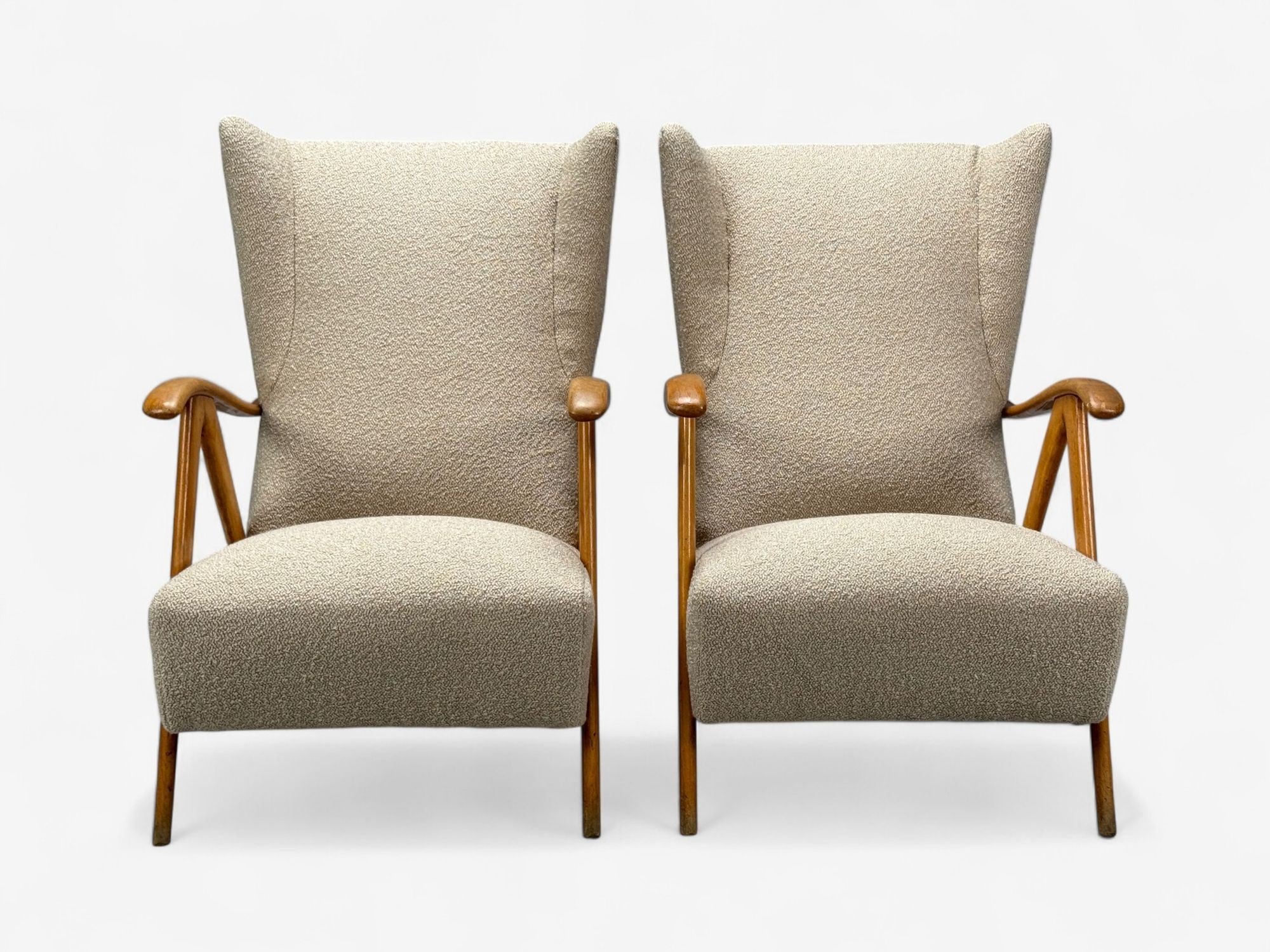 Italian Modern, Beige Boucle, Wood, Sculptural Lounge Chairs, Italy, 1960s