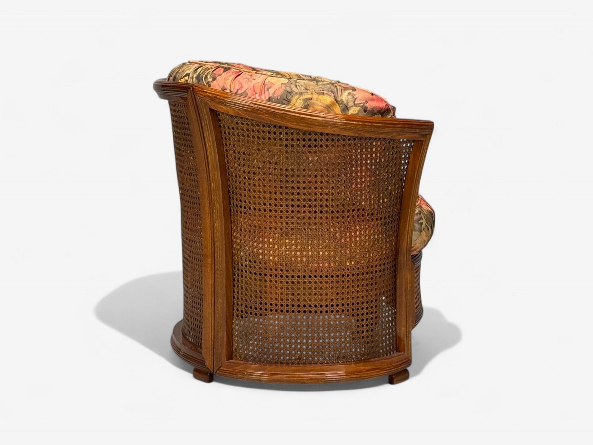 Traditional, Cane, Walnut, Barrel Back Armchair, USA, 1980s