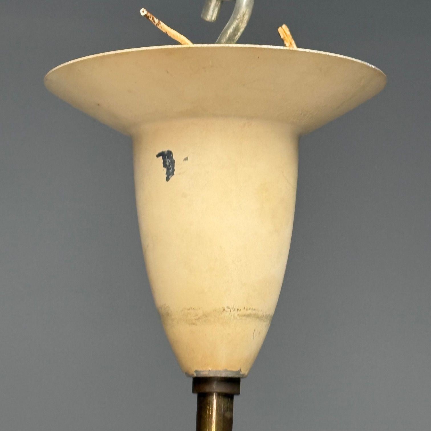 Italian Mid-Century Modern, Eight Light Chandelier, Brass, Metal, Opaline Glass