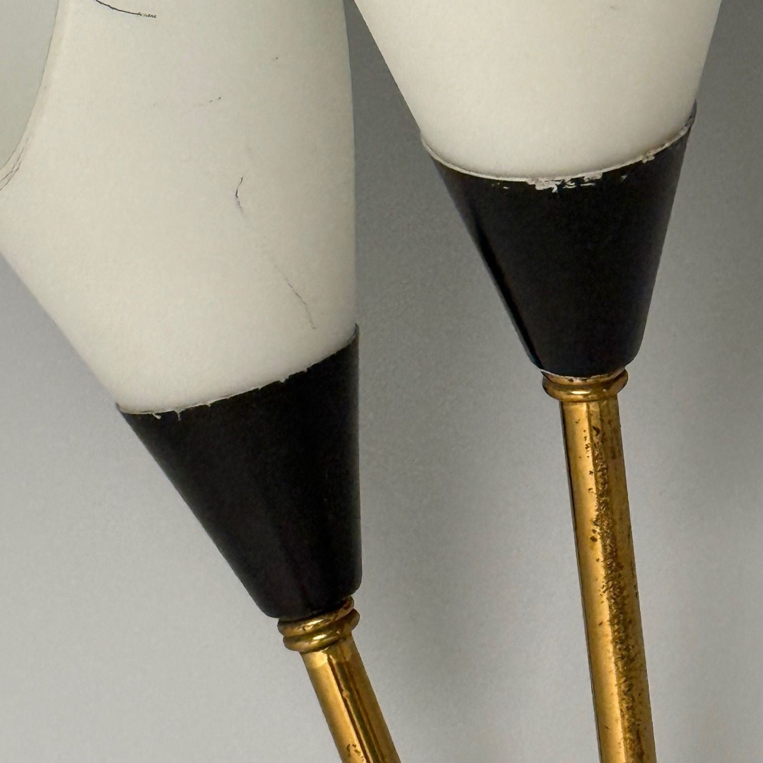 Italian Mid-Century Modern, Wall Sconces, Patinated Brass, Opaline Glass, Italy, 1950s