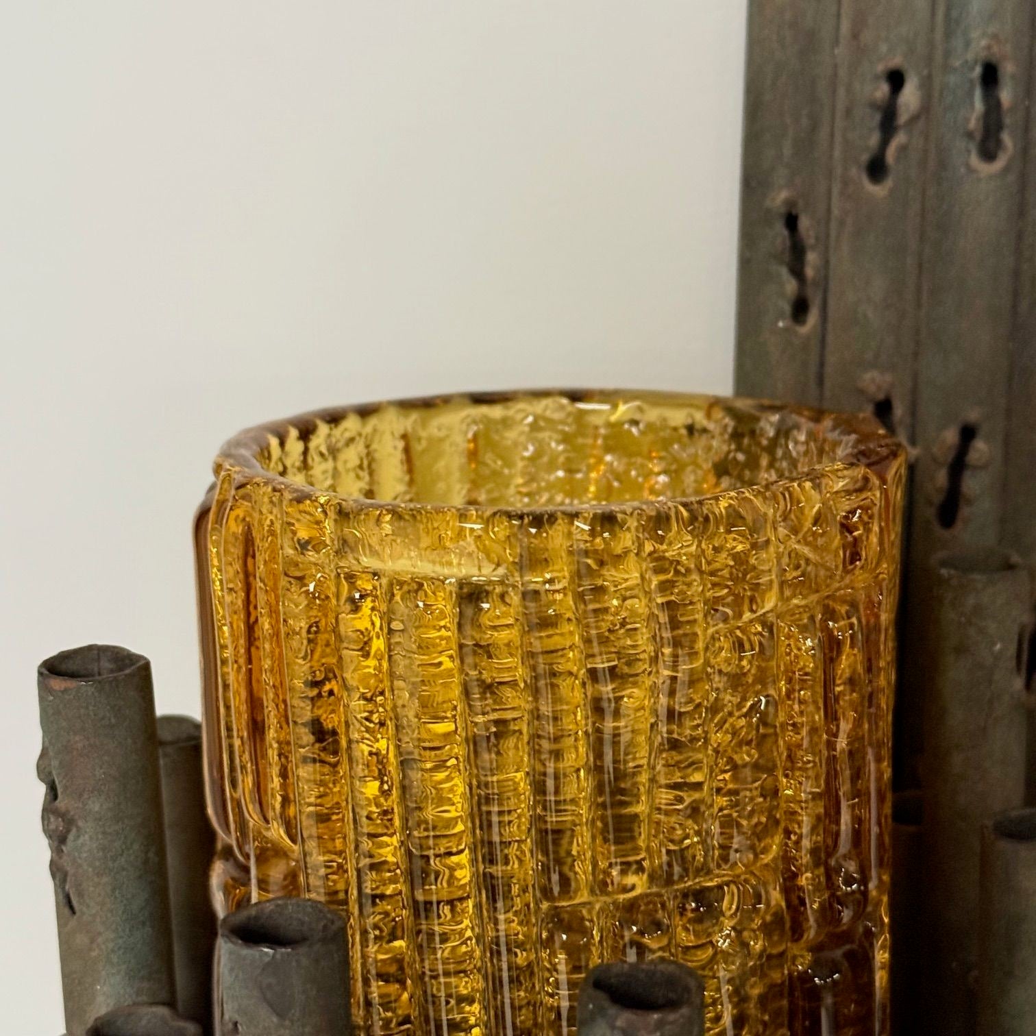 Marcello Fantoni, Brutalist Mid-Century Modern Wall Sconces, Wrought Iron, Glass
