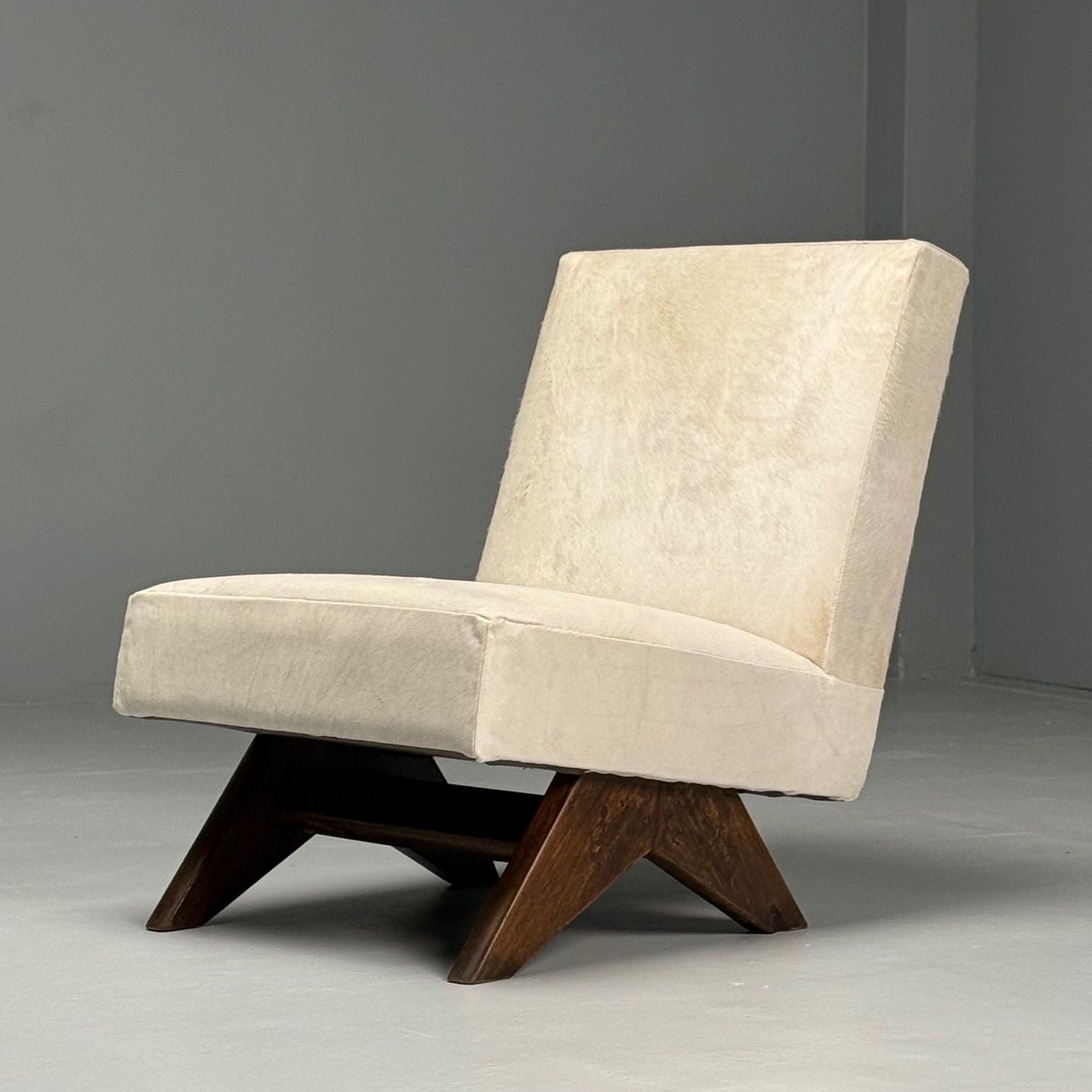 Pierre Jeanneret, White Cowhide, Teak, Fireside Chairs, India c. 1960s