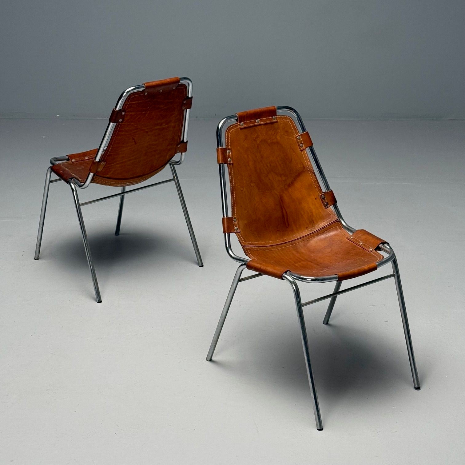Charlotte Perriand, French Mid-Century Modern, Dining Chairs, Distressed Leather