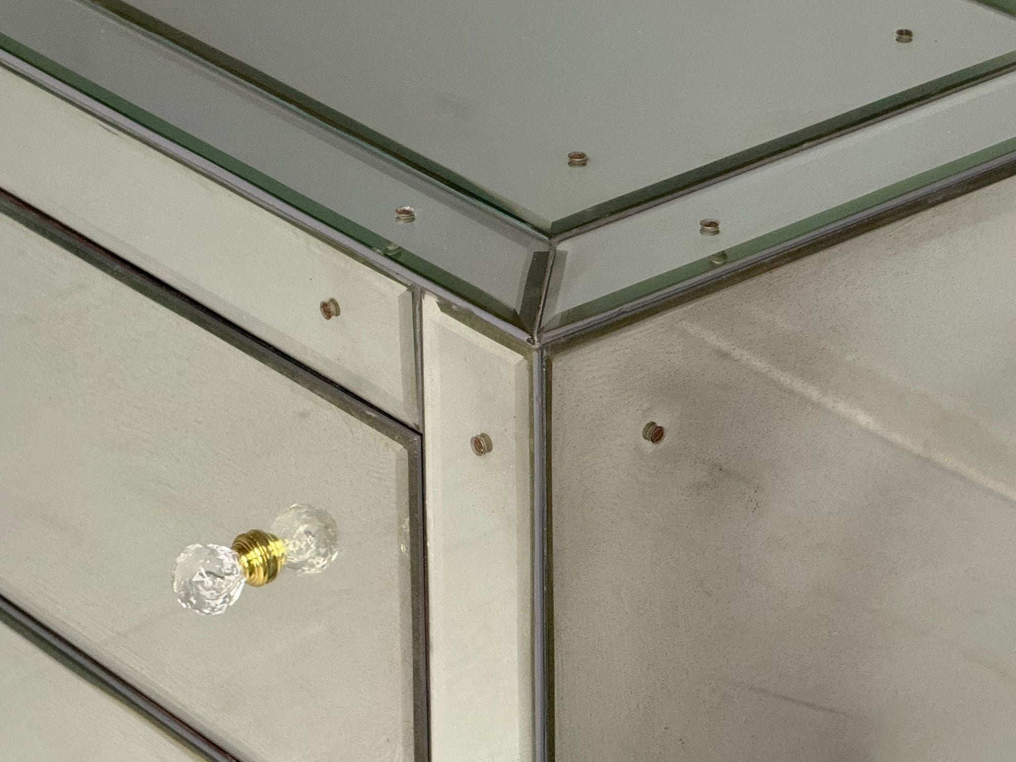 Hollywood Regency Style, Wood, Antique Beveled Glass, Mirrored Nightstands