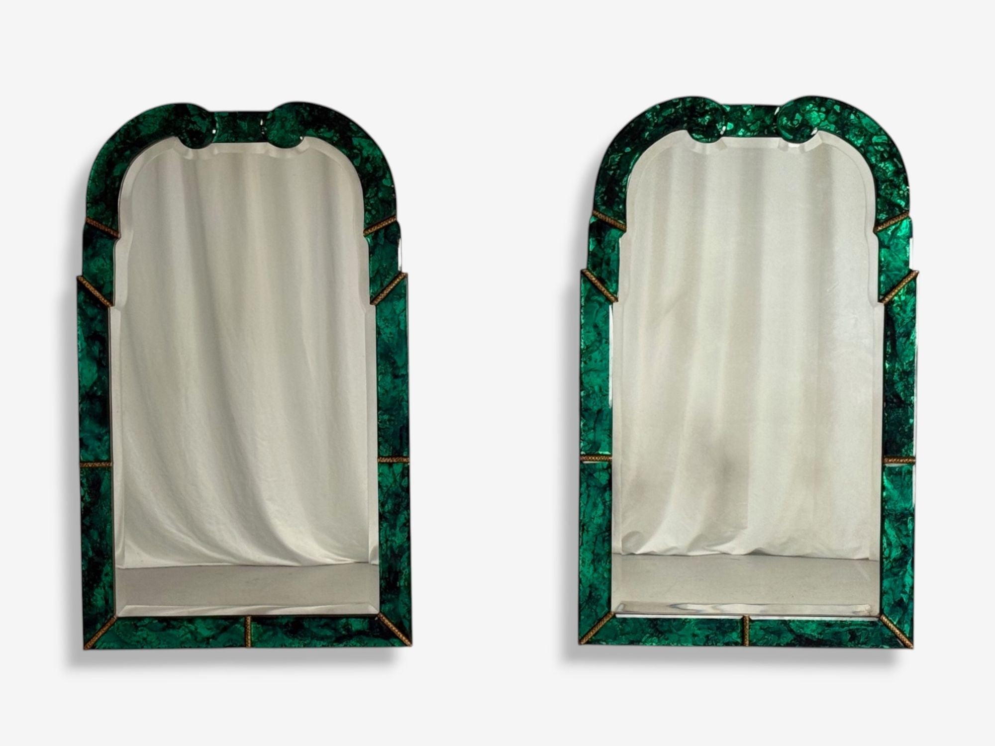 Art Deco Style, Green Antiqued Beveled Glass, Venetian Wall Mirrors
