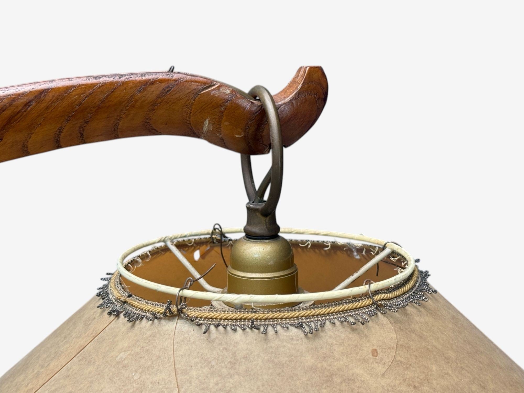Italian Modern, Elmwood, Brass, Curved Floor Lamp, Italy, 1940s