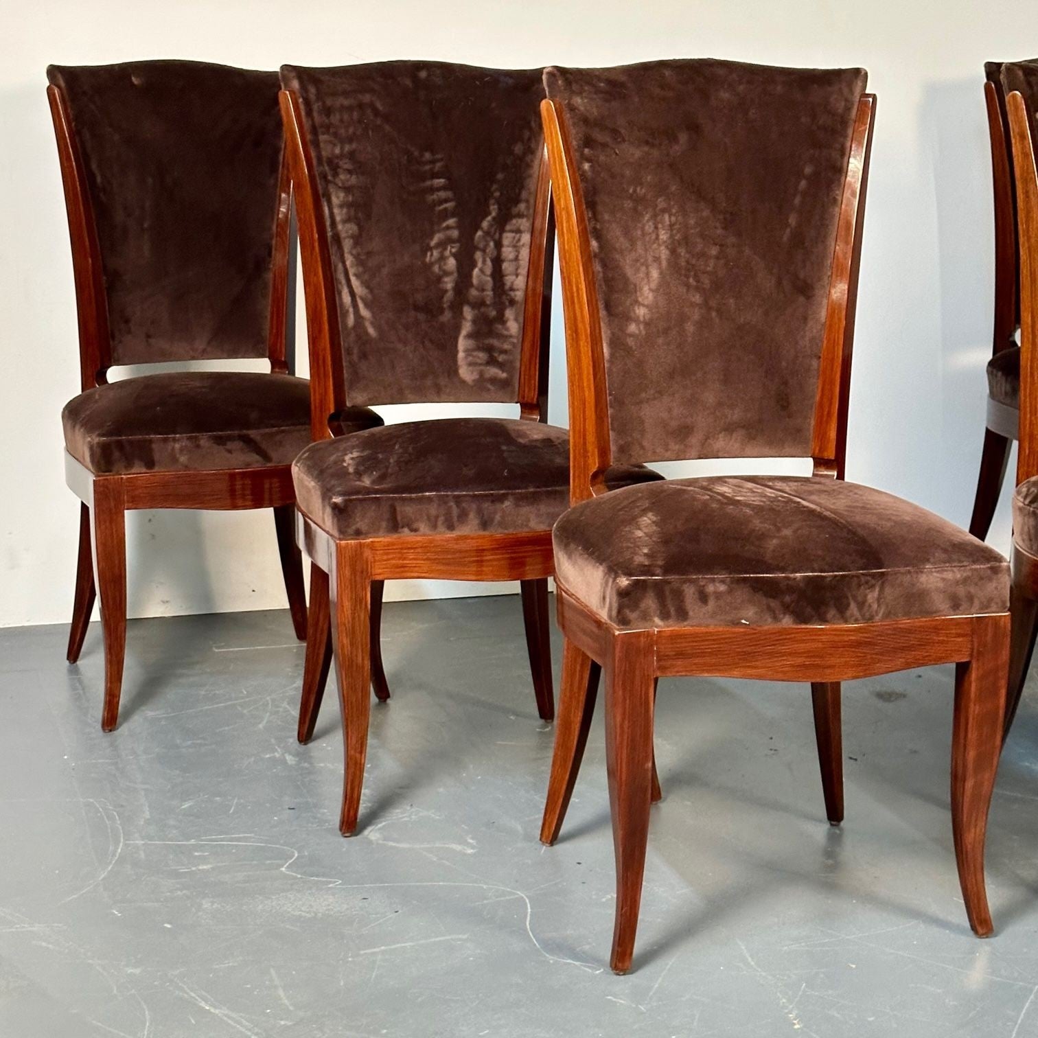 Six French Art Deco Walnut Dining / Side Chairs, Brown Velvet, Ruhlman Style