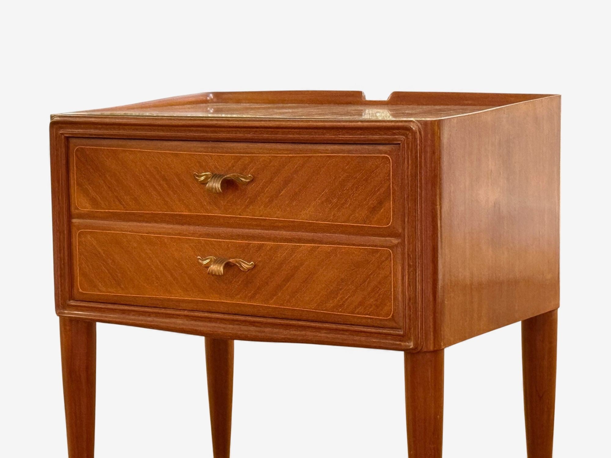 Italian Modern, Stained Wood, Brass, Glass, Nightstands, Italy, 1950s