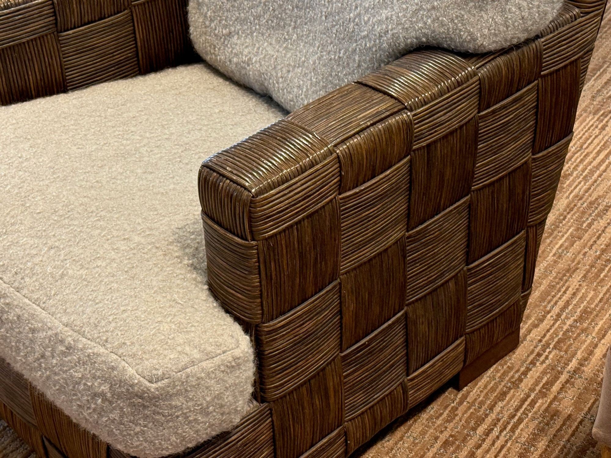 John Hutton, Woven Cane, Mahogany, Oversized Lounge Chairs, USA, 1990s