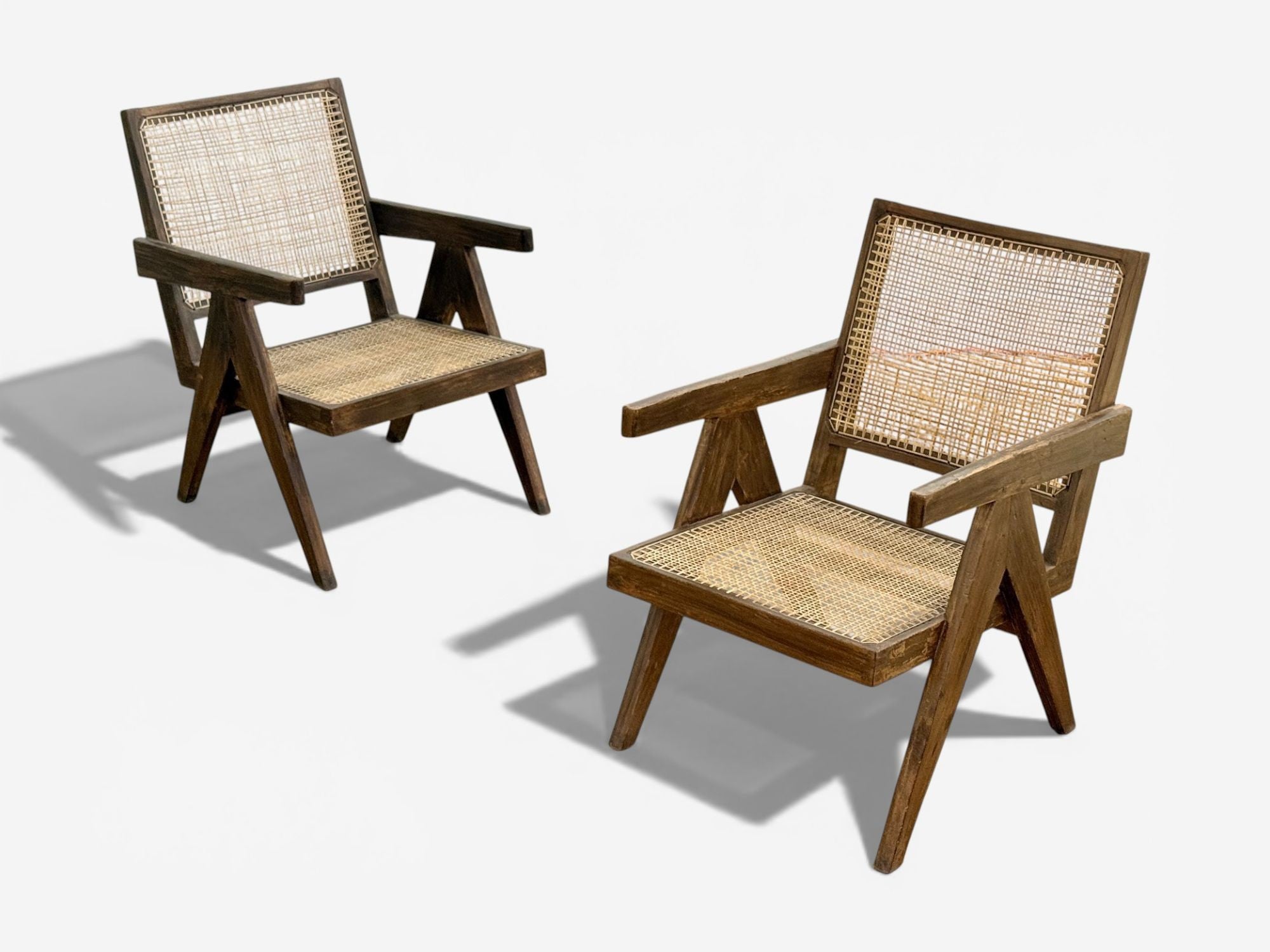 Pierre Jeanneret, Teak, Cane, Low Easy Chairs, Chandigarh, India c. 1960s
