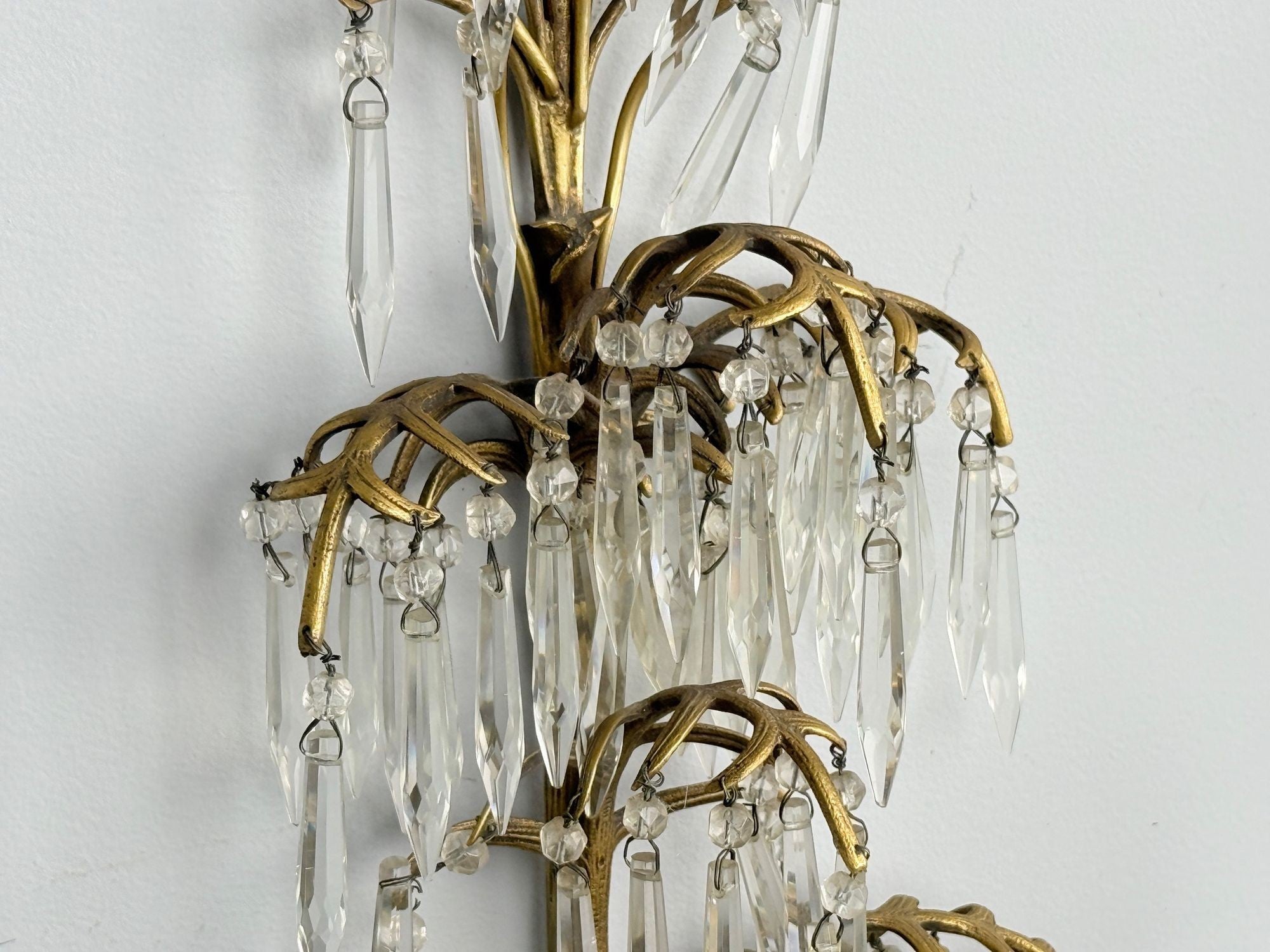French Louis XV, Bronze, Cut Crystal, Large Wall Sconces, France, 1930s