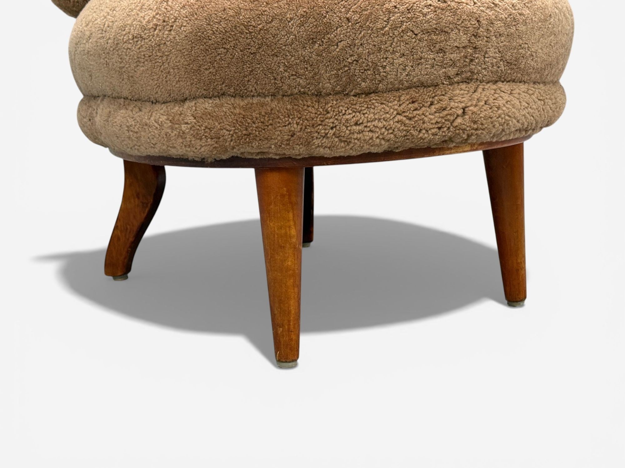 Swedish Modern, Slipper Chair, Brown Sheepskin, Birch, Sweden, 1950s
