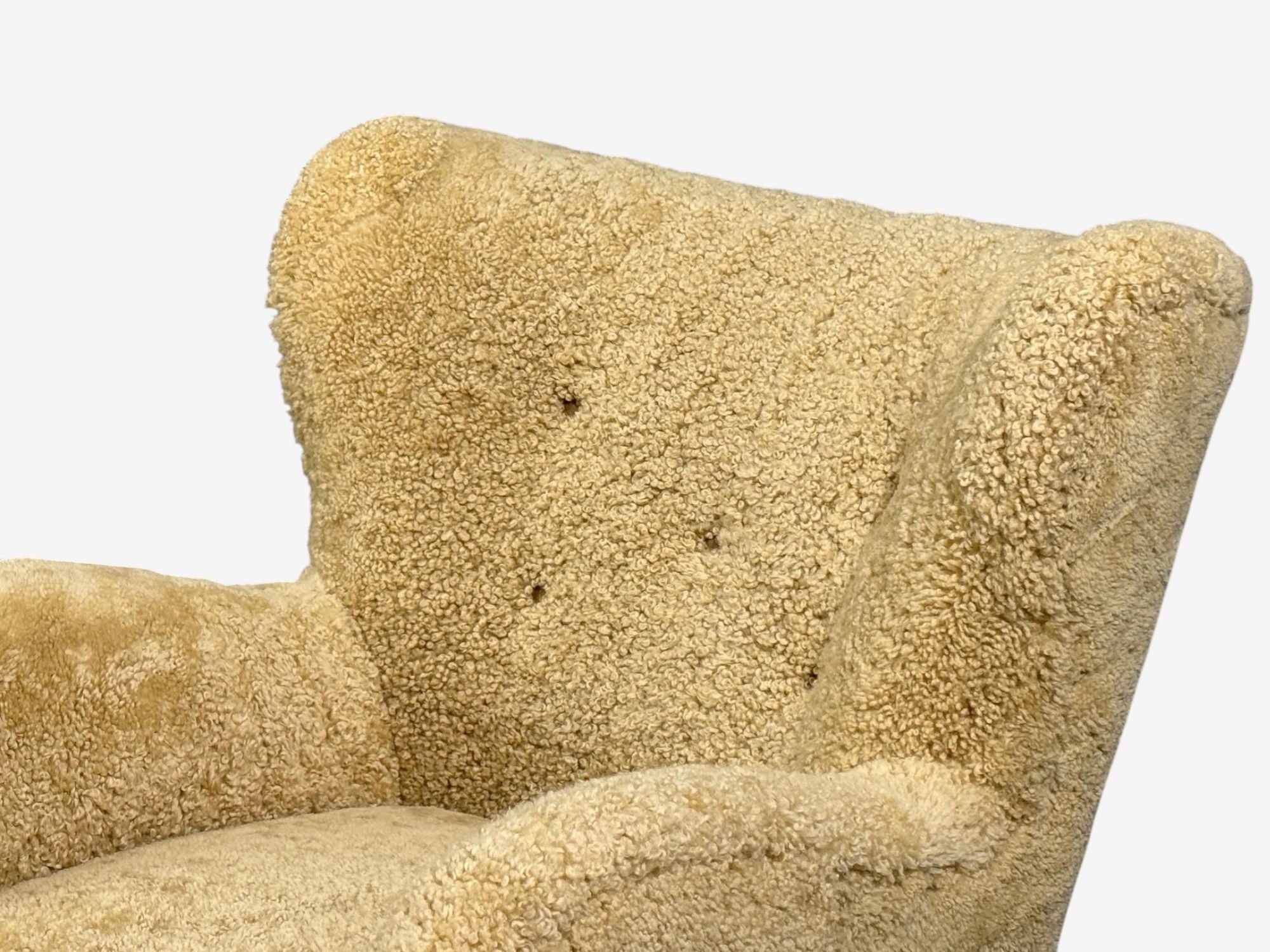 Swedish Modern, Organic Lounge Chairs, Shearling, Wood, Sweden, 1940s