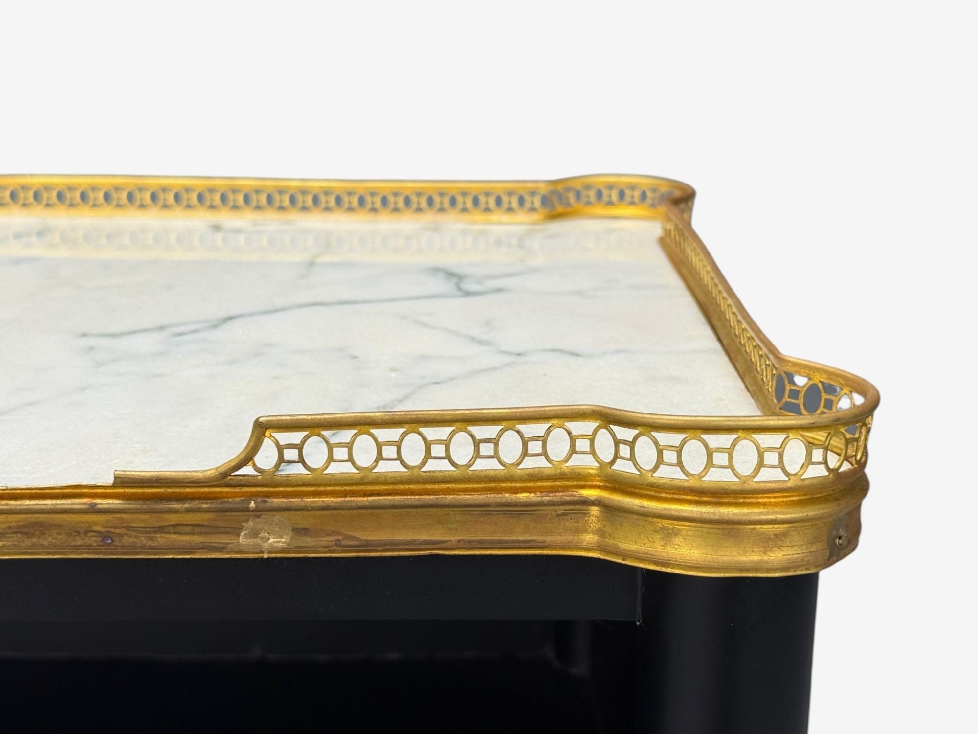 Maison Jansen Style, Hollywood Regency, Brass, Marble, Ebonized Open Nightstands