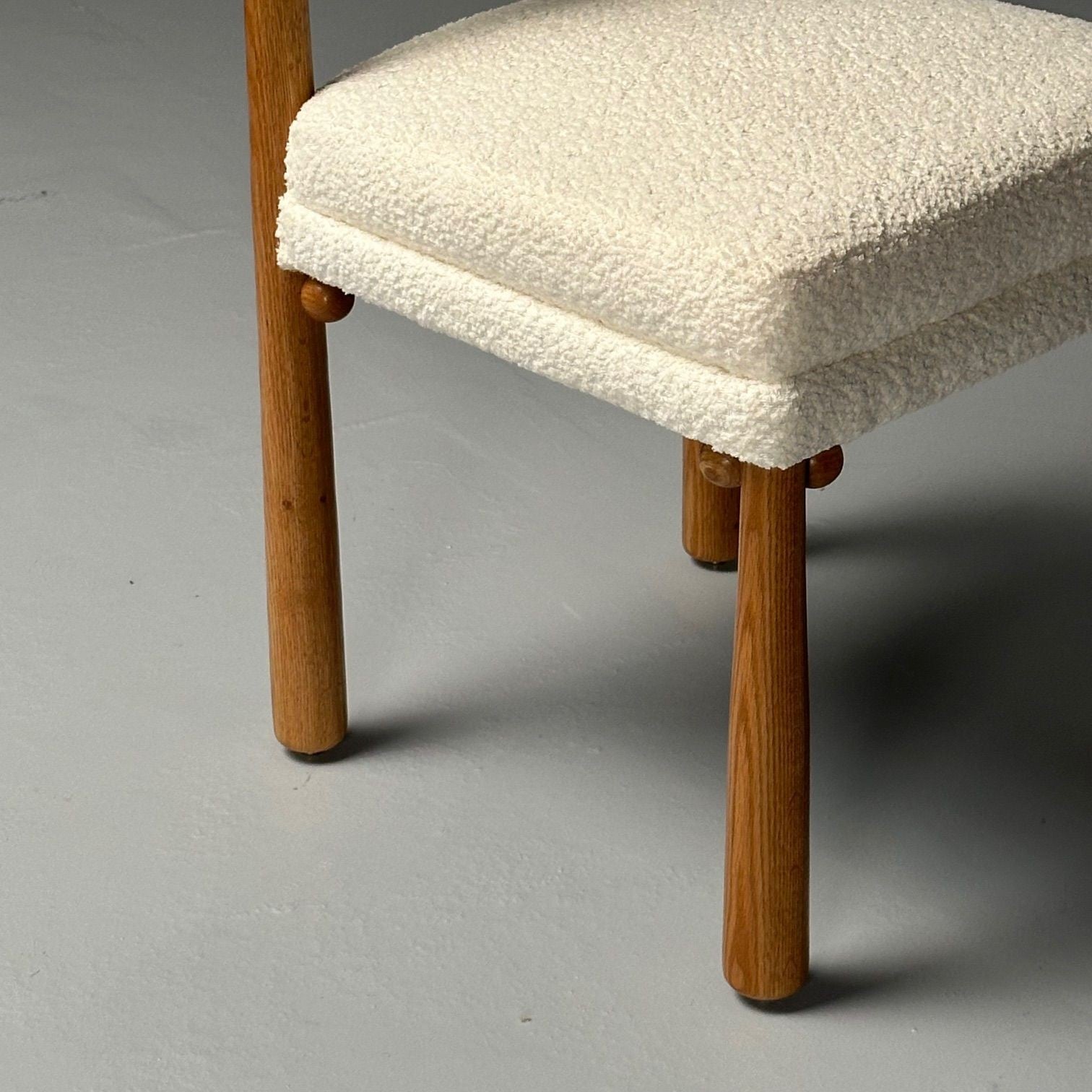 French Mid-Century Modern Style, Oak, White Boucle, Ten Dining Chairs, 21st C.