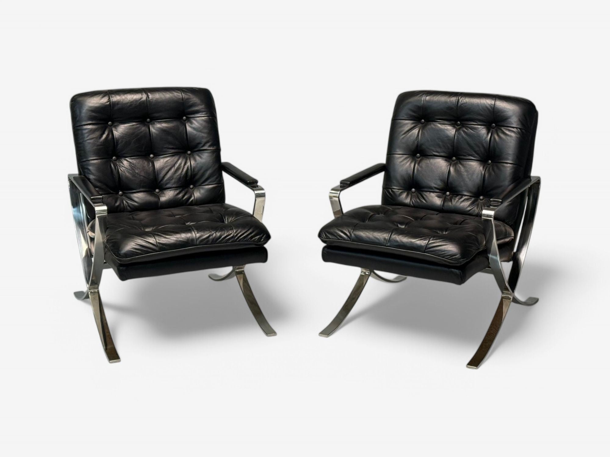 American Mid-Century Modern, Black Leather, Chrome, Lounge Chairs, USA, 1980s