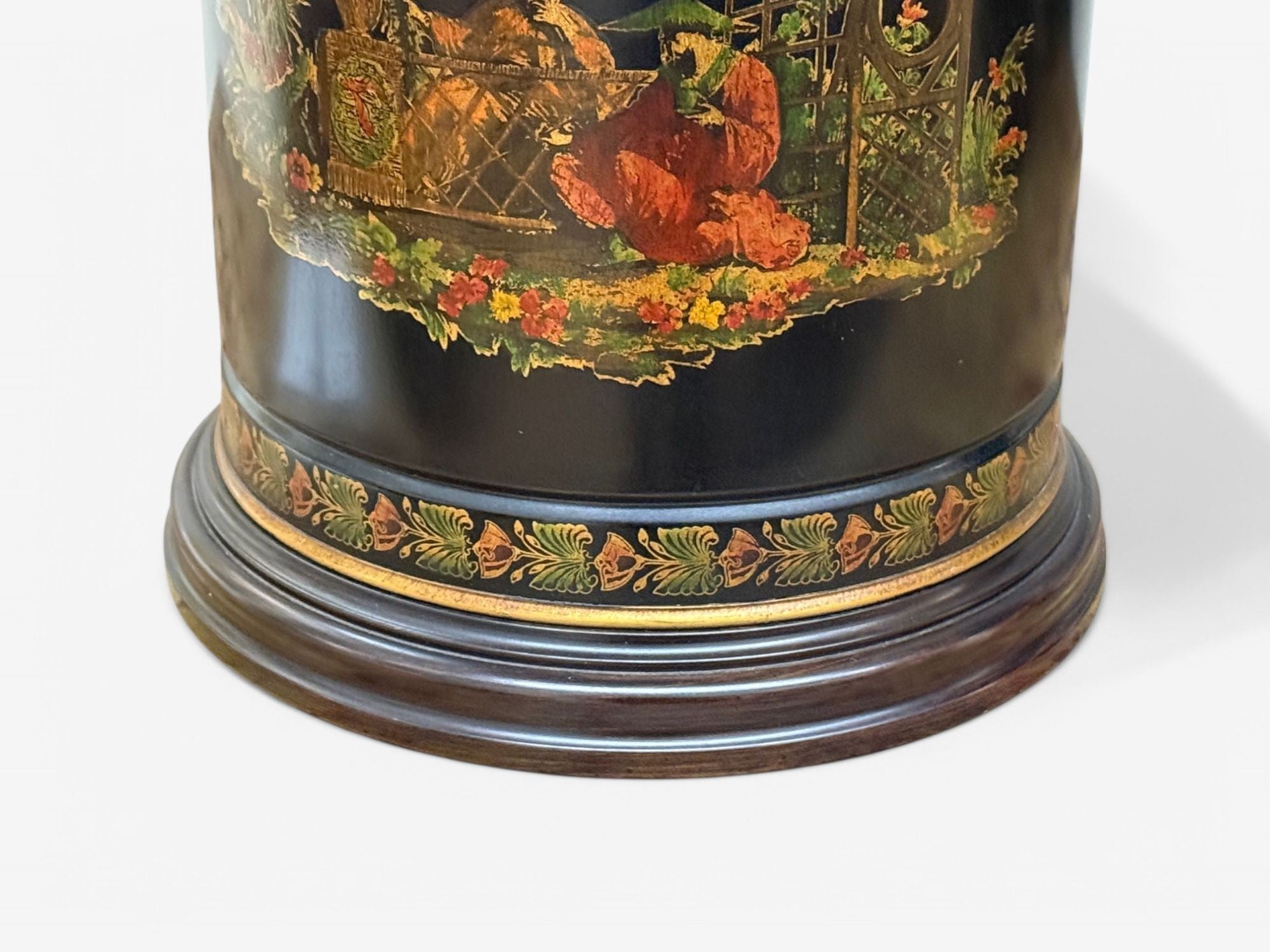 Chinese Export, Chinoiserie, Black Metal, Canister Lamps, Silk Shades, 1960s