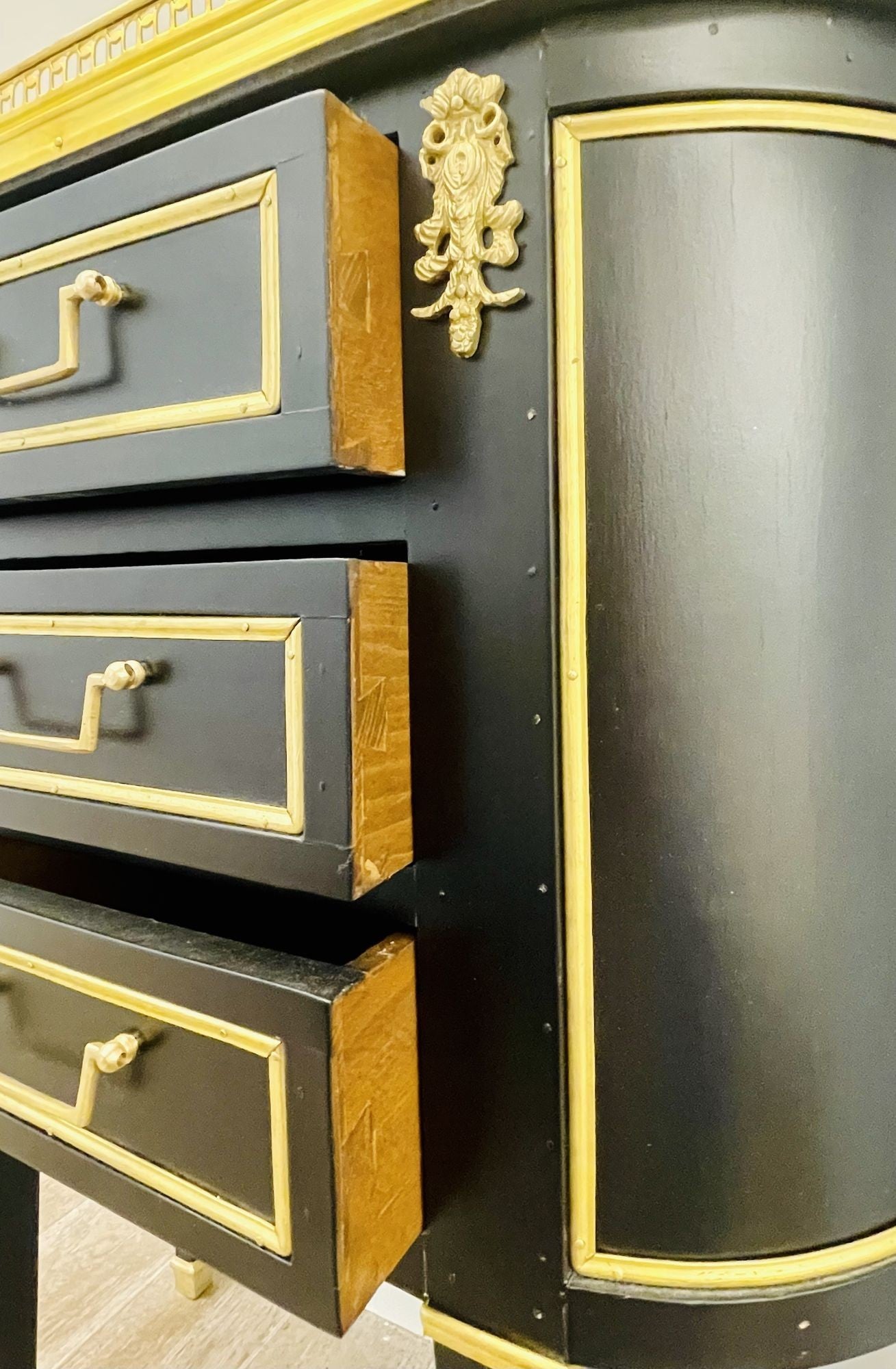 Pair of Jansen Inspired Marble-Top Galleried Ebonized End Tables / Nightstands