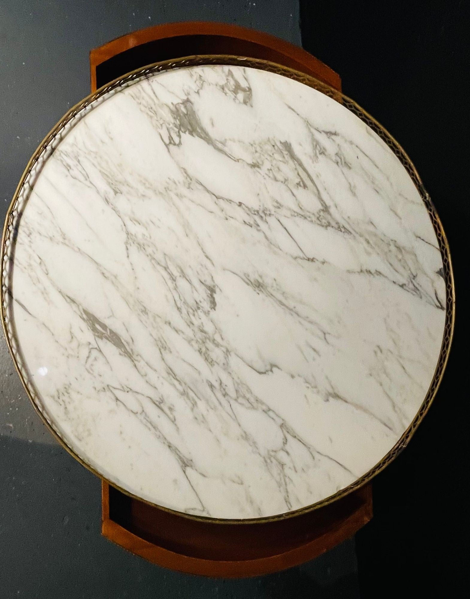 Pair of Marble Top Greek Key Bouillotte or End Tables, Manner of Jansen