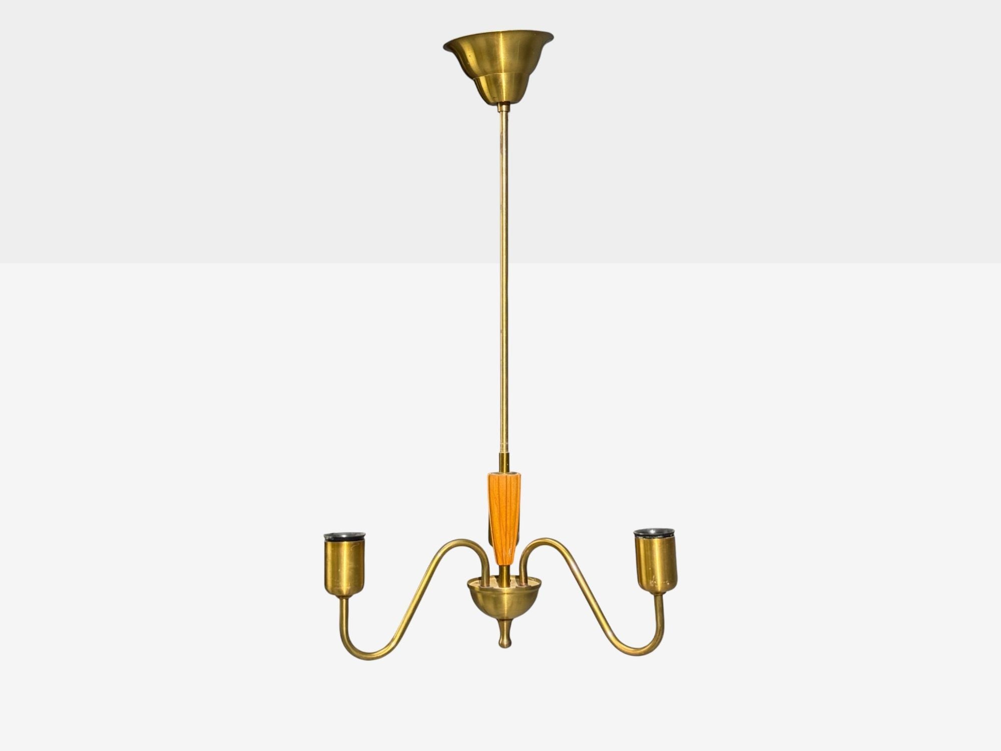 Swedish Modern, Pendant Light, Brass, Wood, Sweden, 1940s