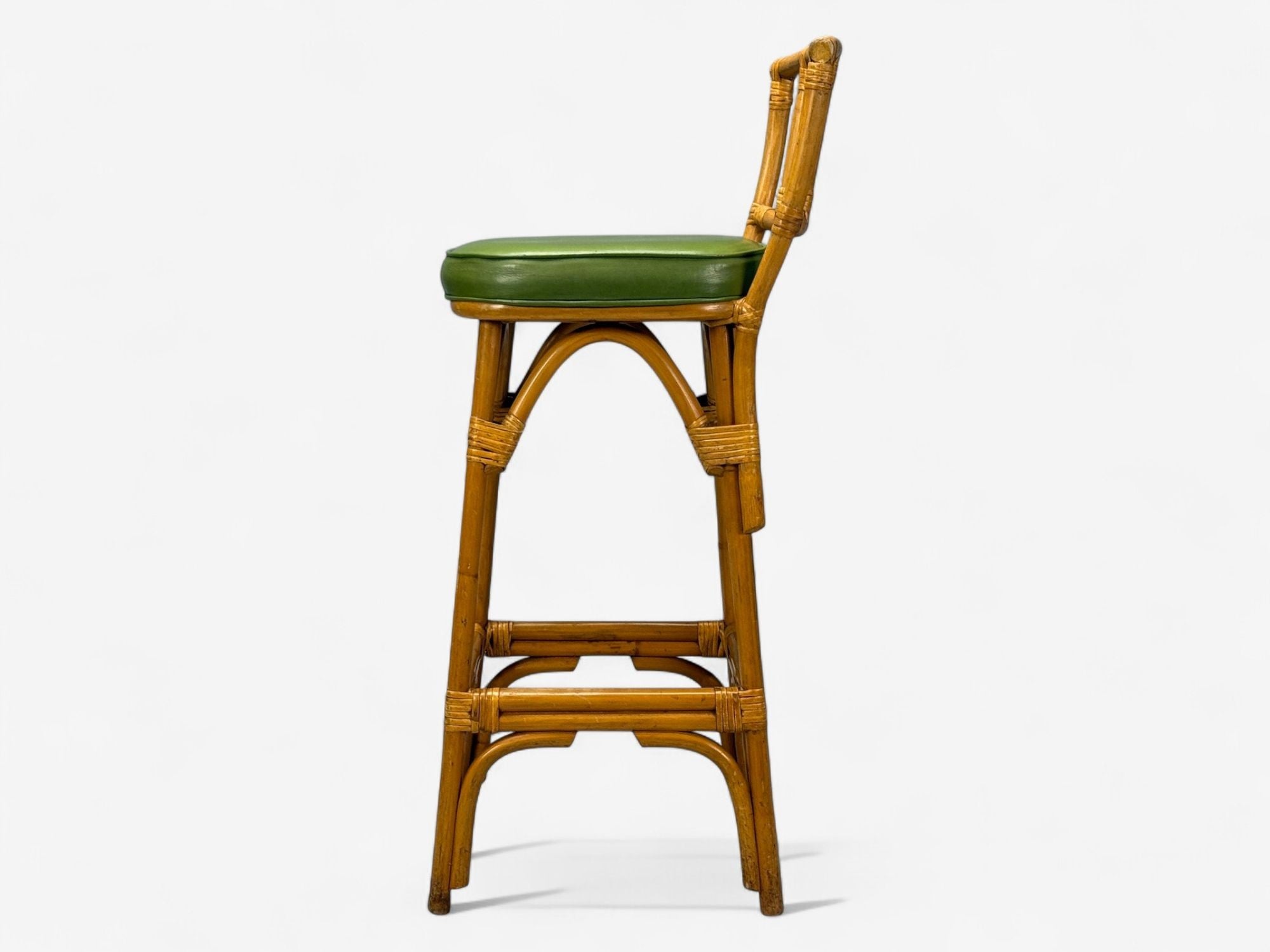 Dutch Modern, Bamboo, Green Leather, Five Barstools, Netherlands, 1970s
