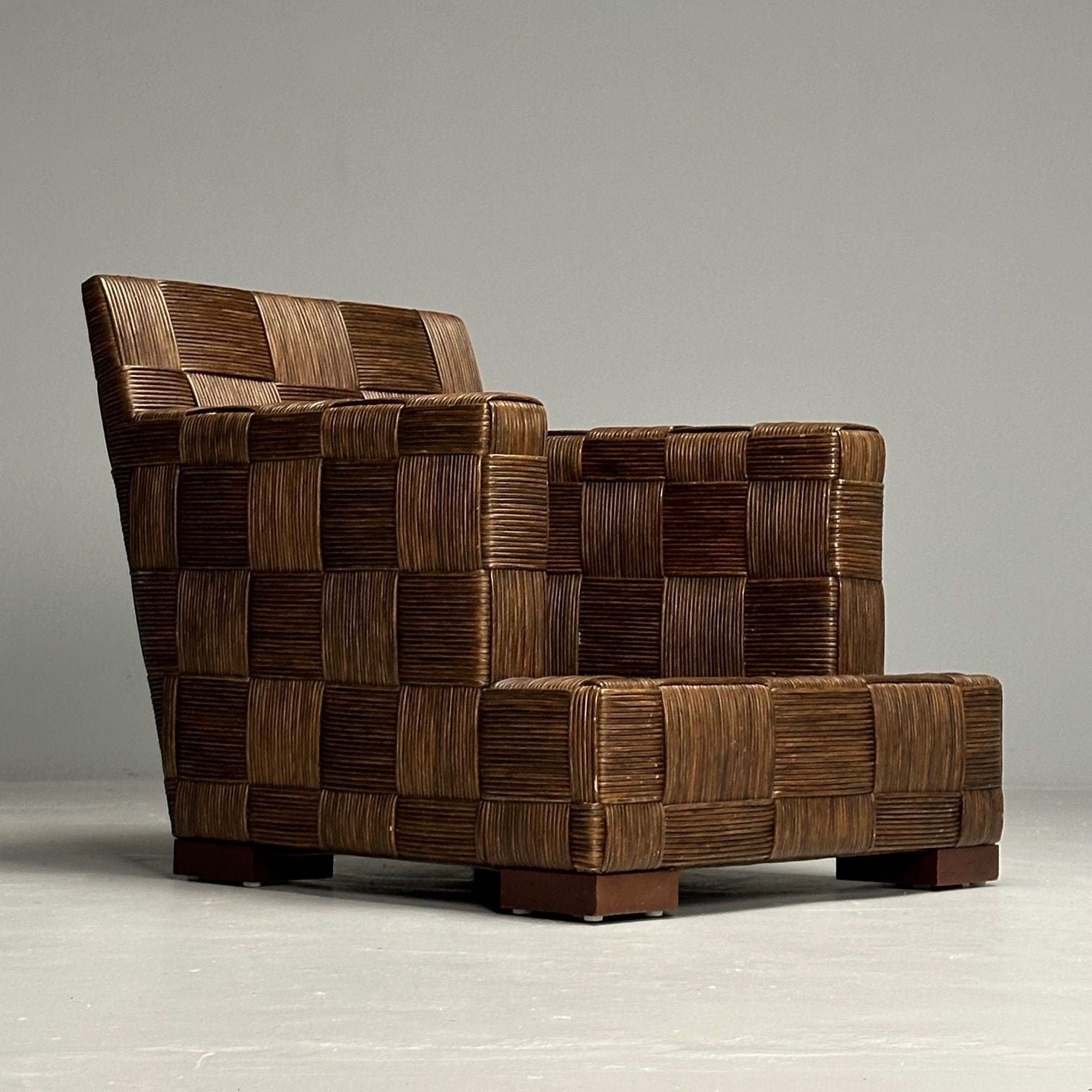 John Hutton, Woven Cane, Mahogany, Oversized Lounge Chairs, USA, 1990s