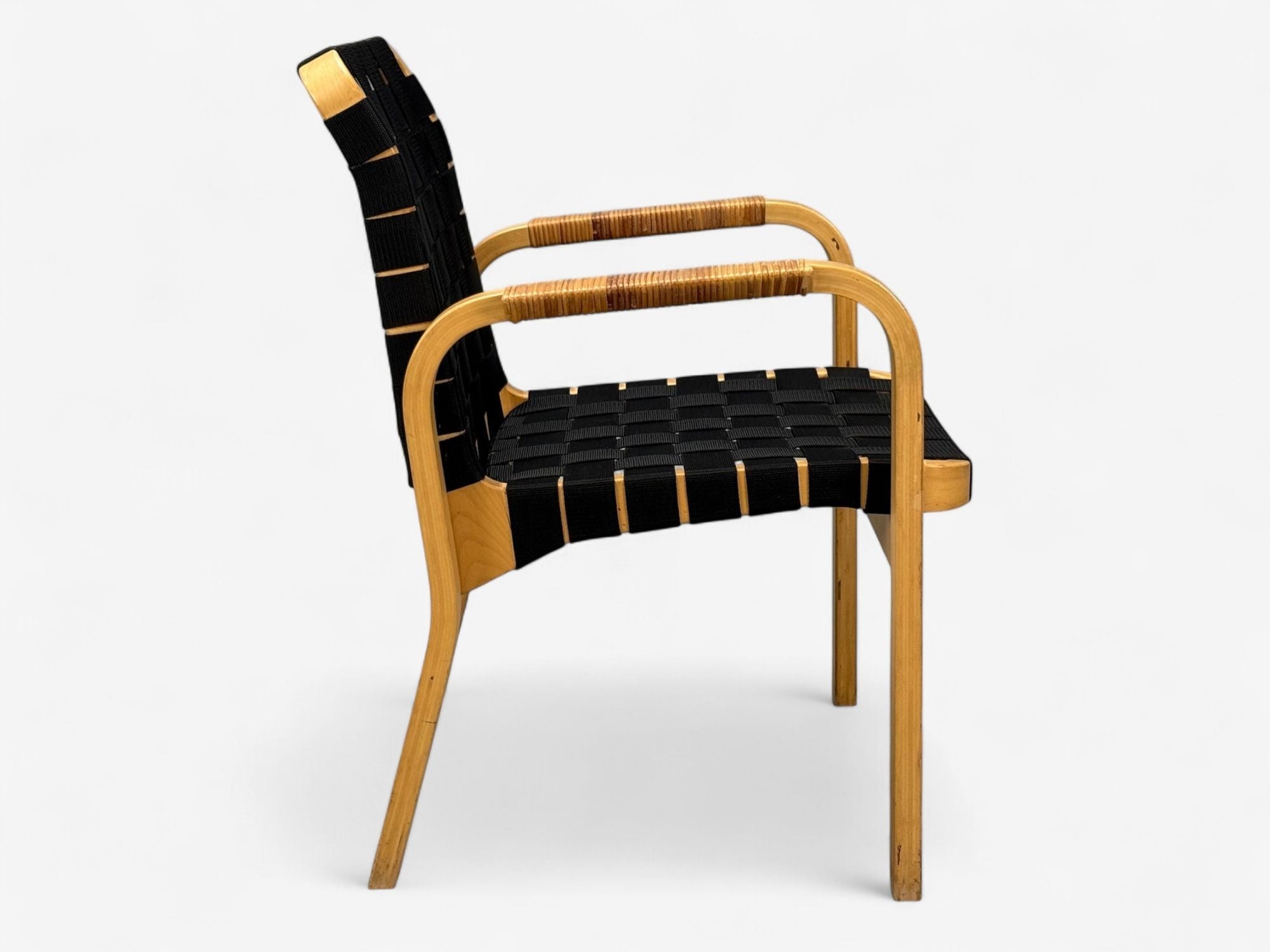 Alvar Aalto, Birch, Rattan, Black Linen Webbing, Armchairs, Finland, 1980s