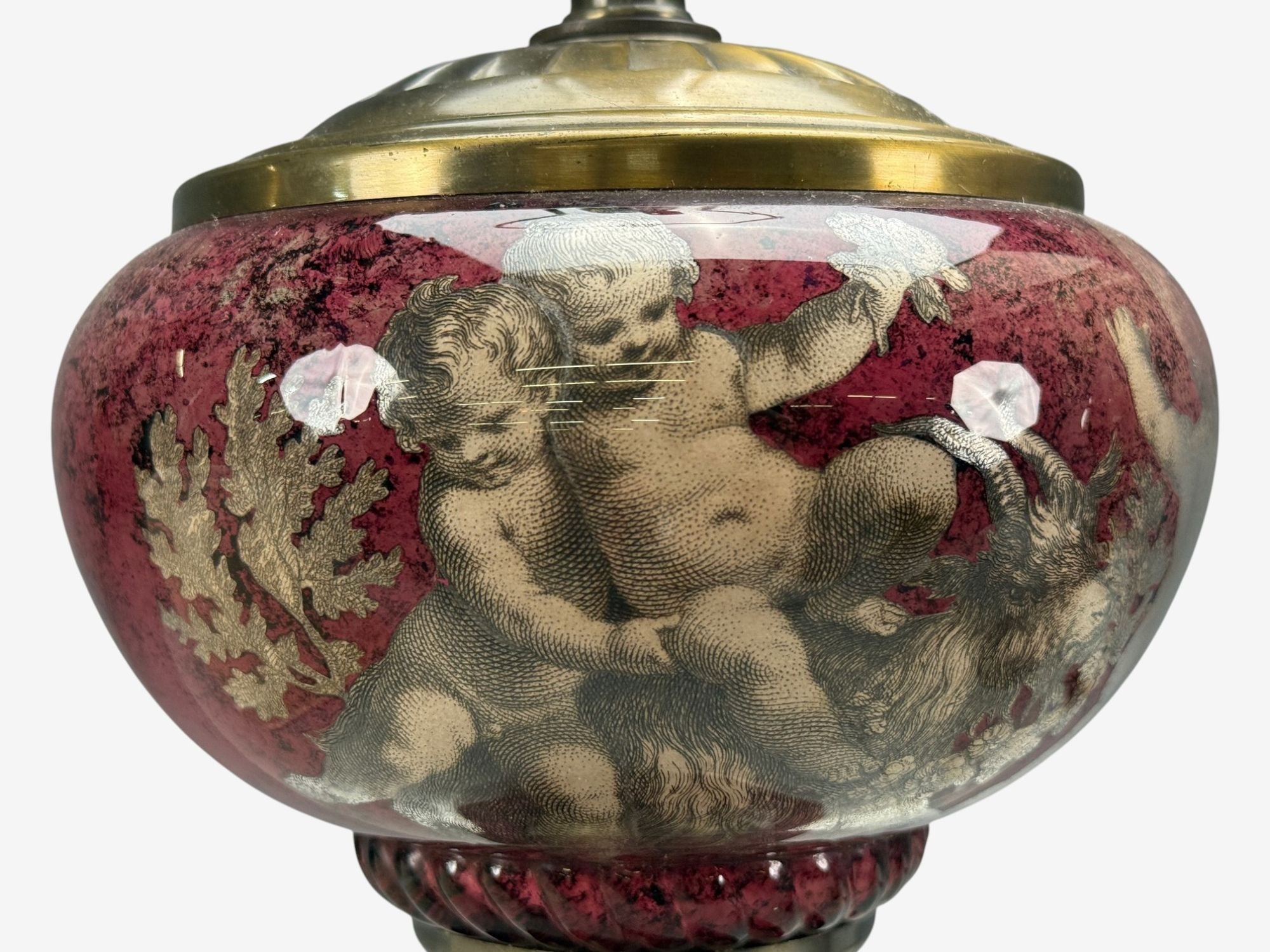 Neoclassical, Cranberry Glass, Decoupage Cherub Table Lamps, USA, 1930s