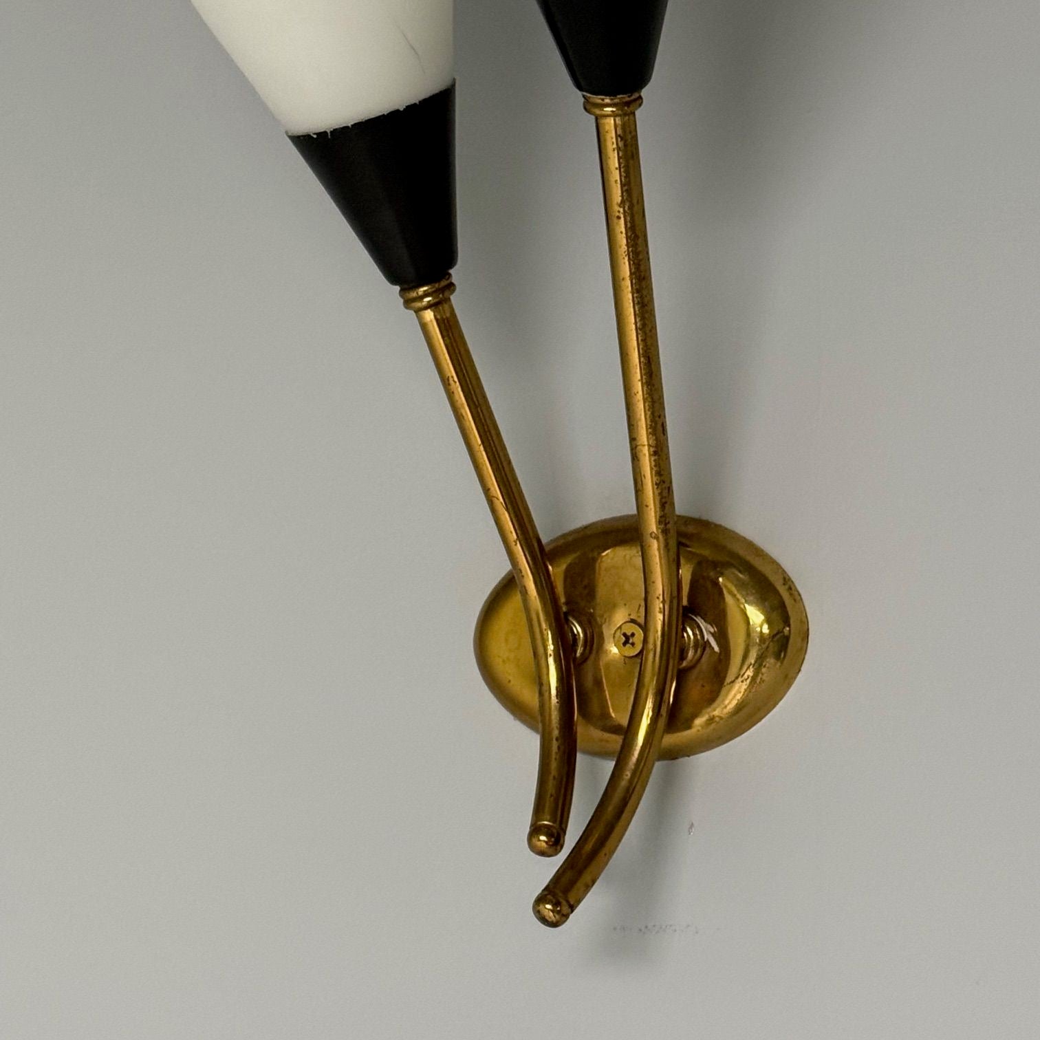 Italian Mid-Century Modern, Wall Sconces, Patinated Brass, Opaline Glass, Italy, 1950s