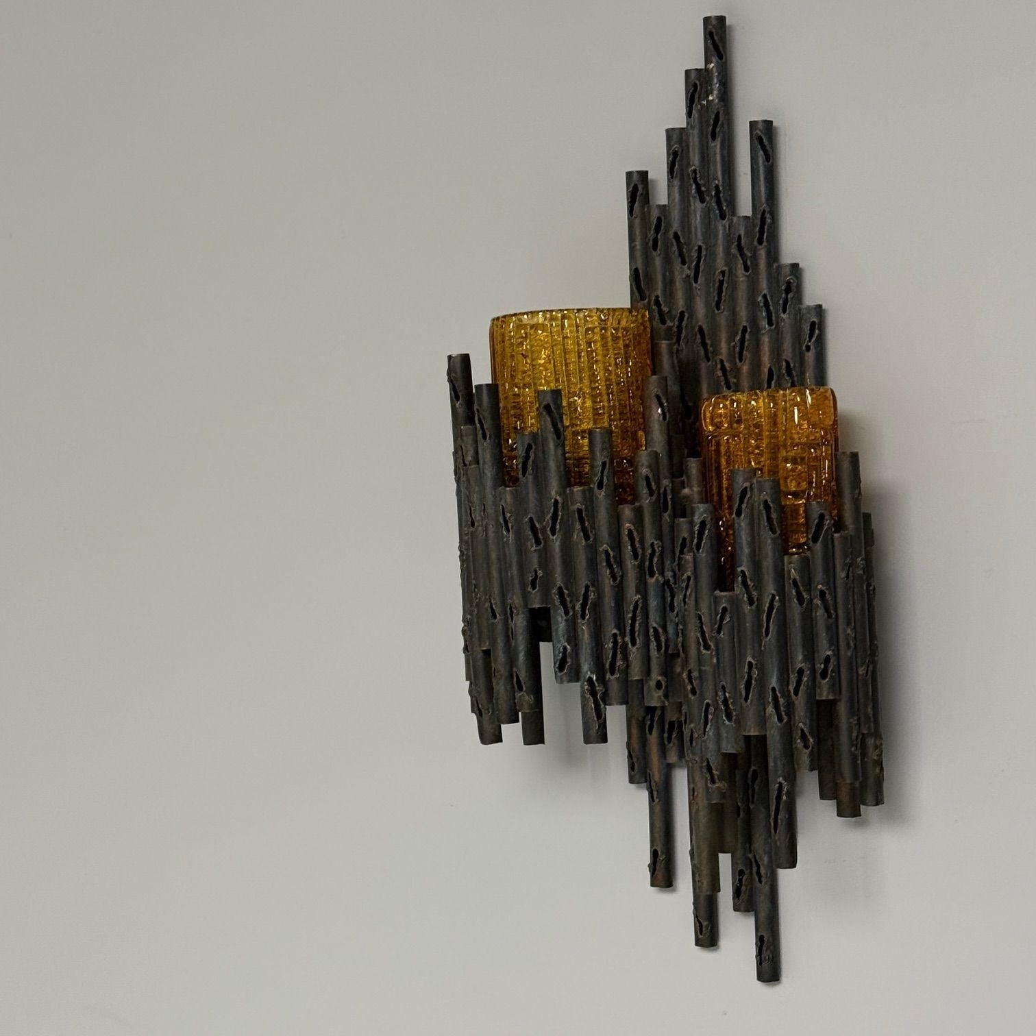 Marcello Fantoni, Brutalist Mid-Century Modern Wall Sconces, Wrought Iron, Glass