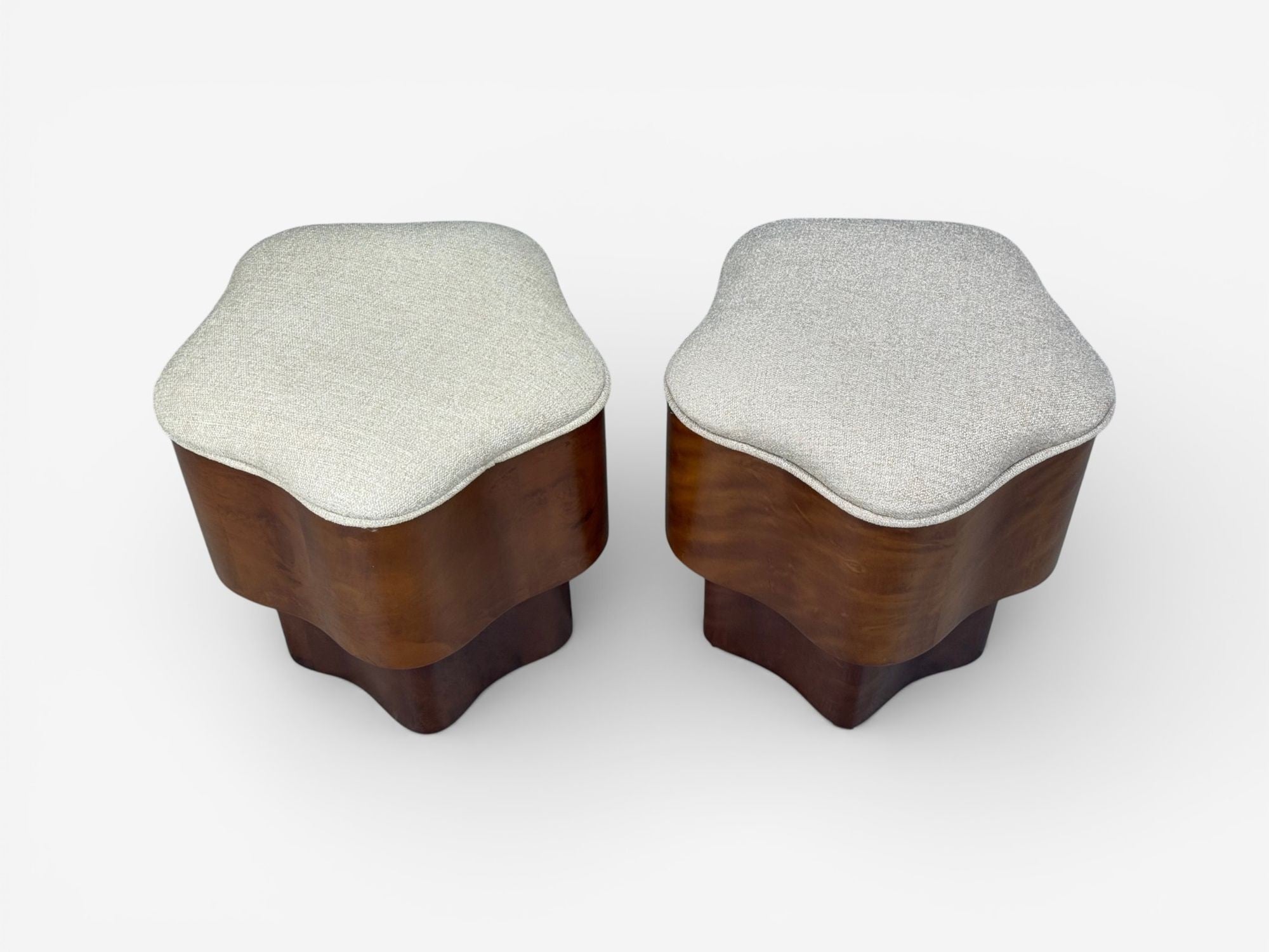 Art Deco Style, Star Motif Footstools, Burlwood, Beige Linen, 21st c.