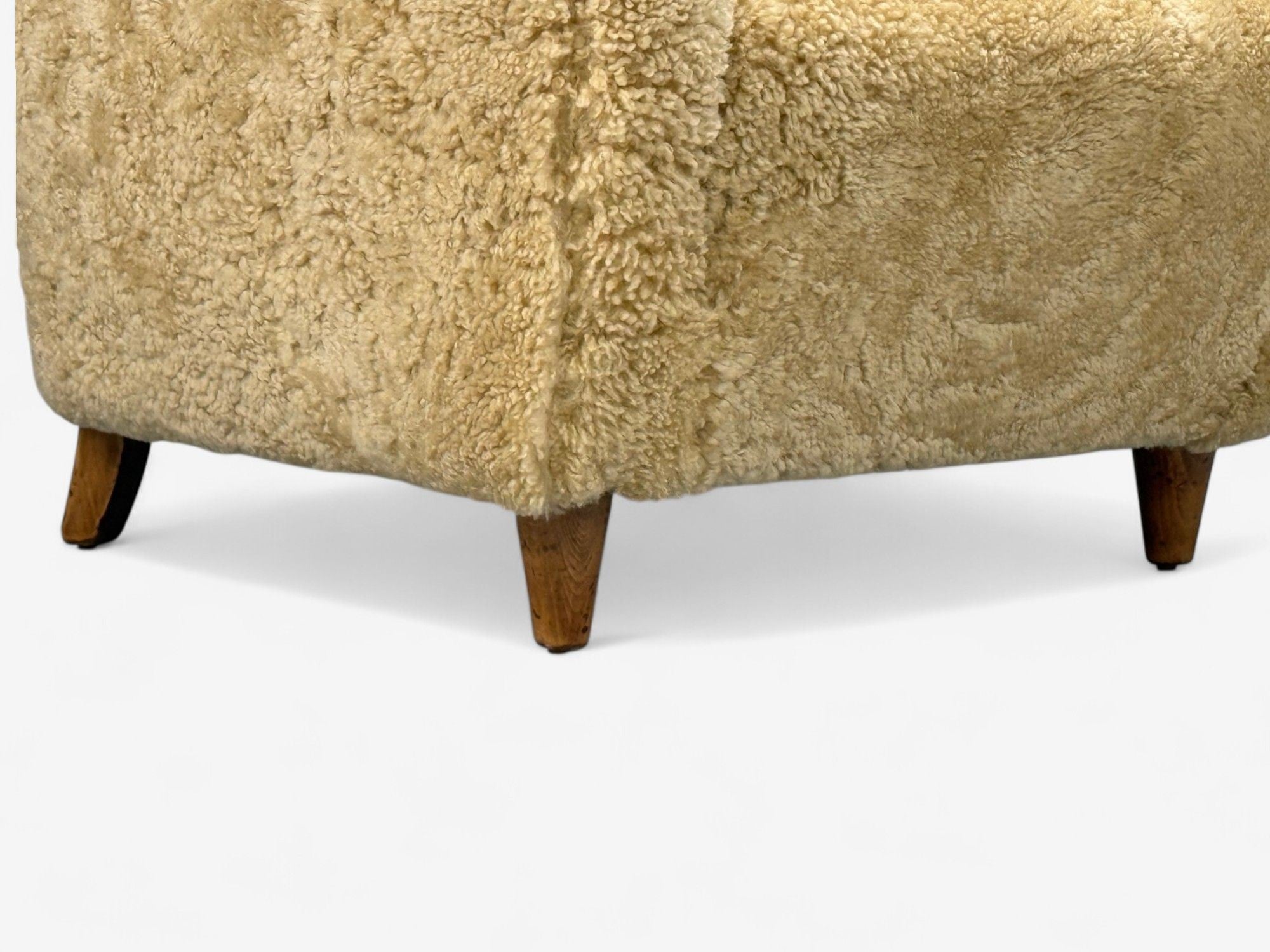Meroni & Fossati, Beige Shearling, Stained Wood, Lounge Chairs, Italy, 1950s