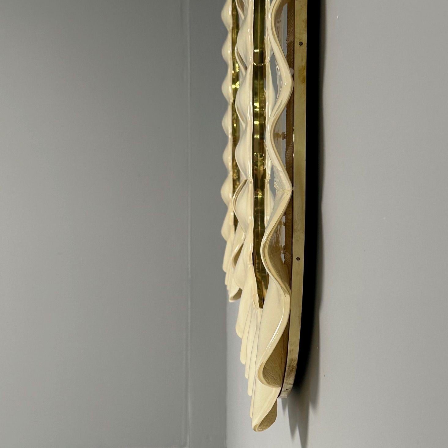 Modern Ruffle Wall Mirrors, White Murano Glass, Brass, Italy, 21st c.