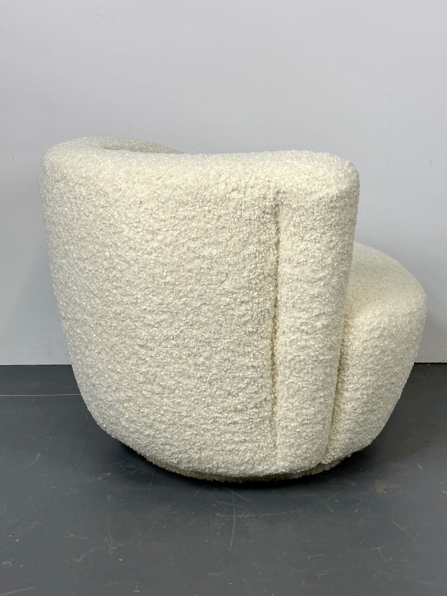 Mid-Century Modern Nautilus Style Swivel Chairs, Kidney-Shape, White Boucle