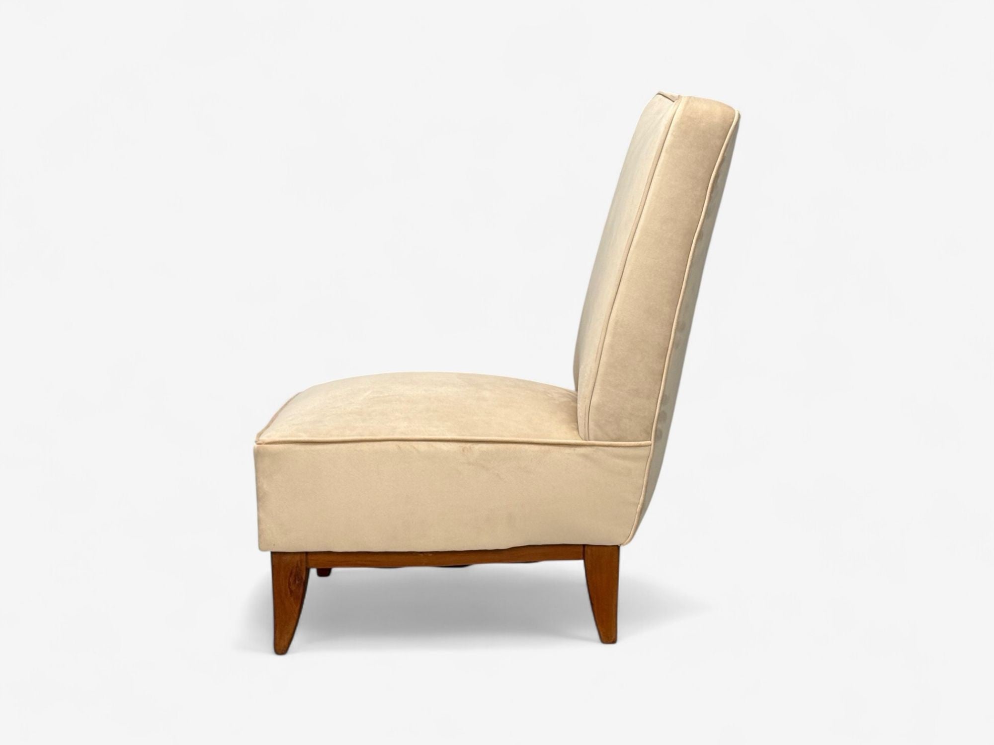 Guglielmo Pecorini, Stained Wood, Beige Velvet, Low Lounge Chair, Italy, 1950s