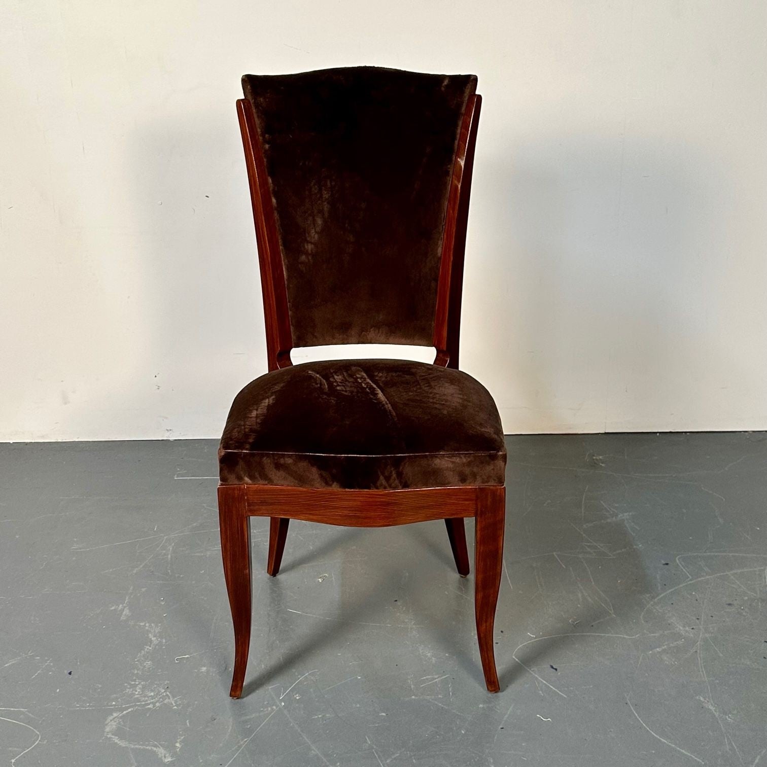 Six French Art Deco Walnut Dining / Side Chairs, Brown Velvet, Ruhlman Style
