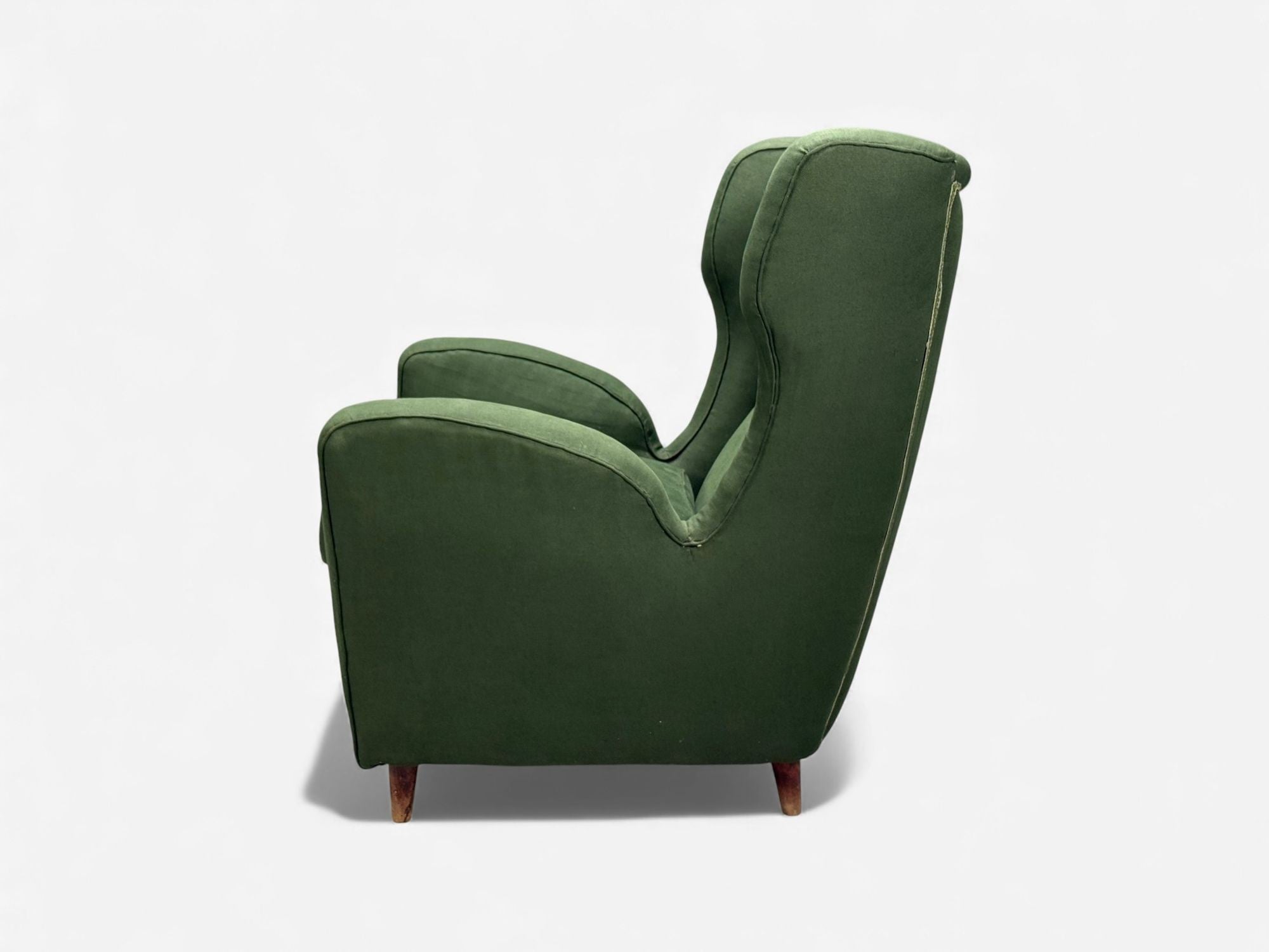 Melchiorre Bega attr., Dark Green Fabric, Wood, Lounge Chair, Italy, 1950s