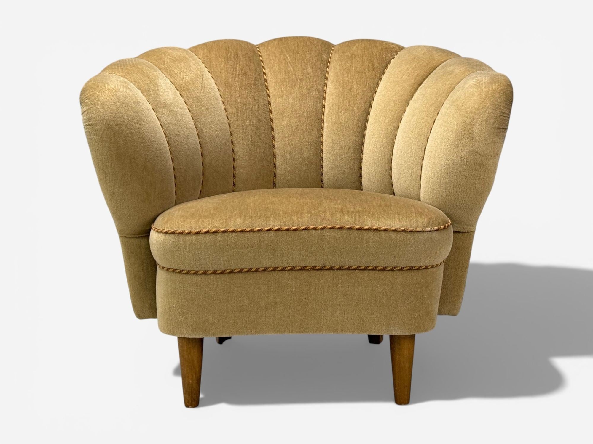 Finnish Modern, Lounge Chairs, Beige Velvet, Wood, Finland, 1950s