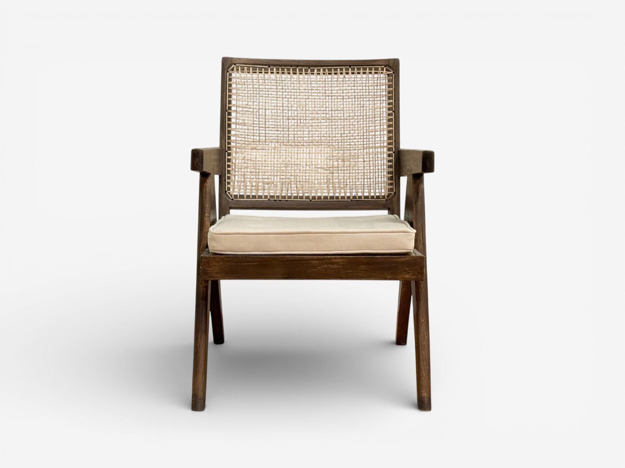 Pierre Jeanneret, Teak, Cane, Low Easy Chairs, Chandigarh, India c. 1960s