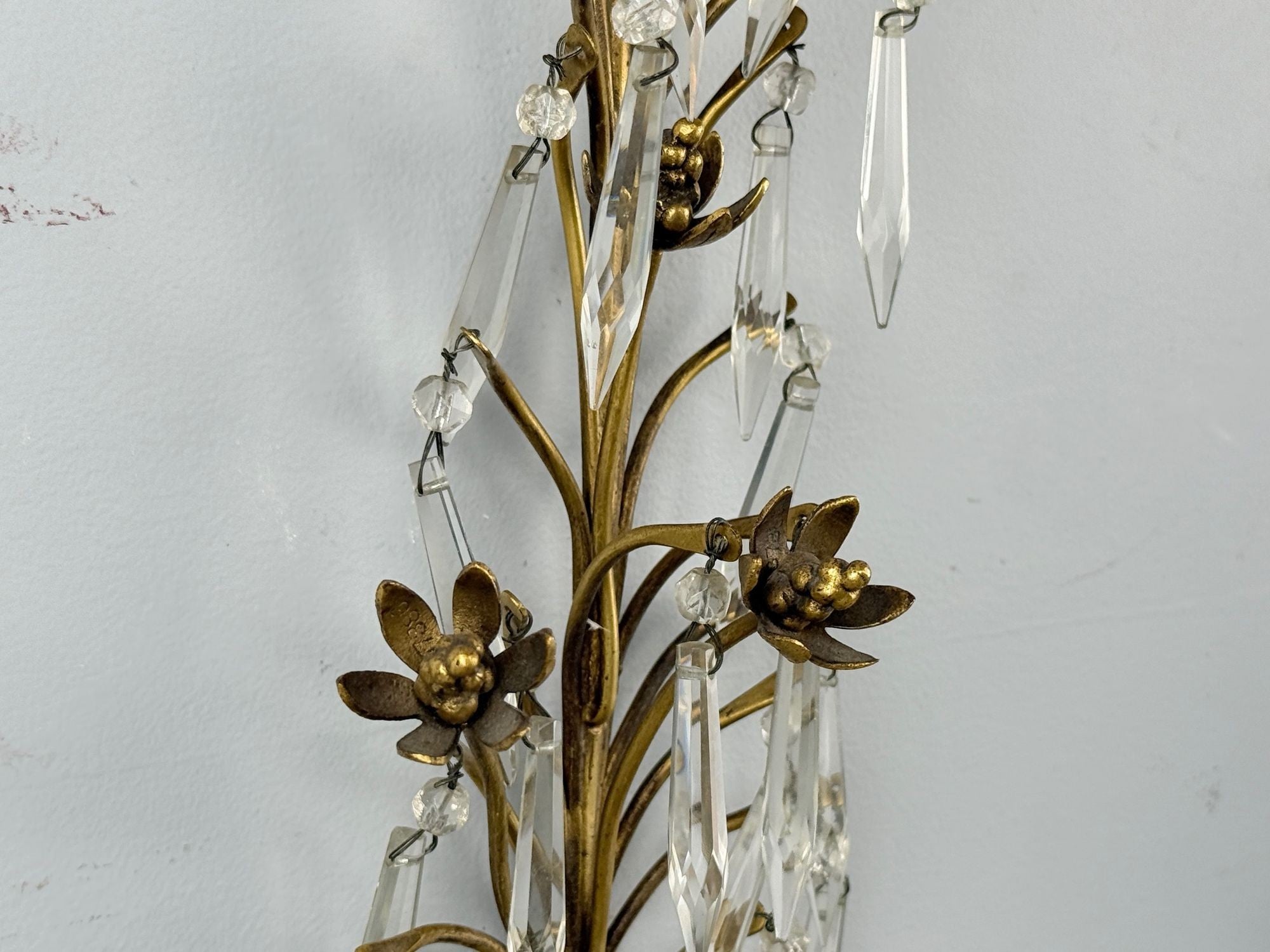 French Louis XV, Bronze, Cut Crystal, Large Wall Sconces, France, 1930s