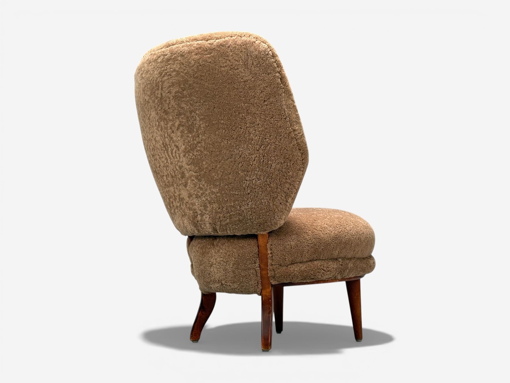 Swedish Modern, Slipper Chair, Brown Sheepskin, Birch, Sweden, 1950s
