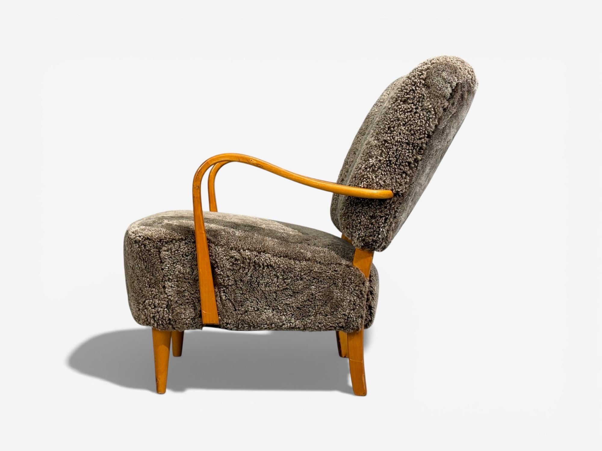 Swedish Modern, Lounge Chairs, Elm, Gray Shearling, Sweden, 1940s