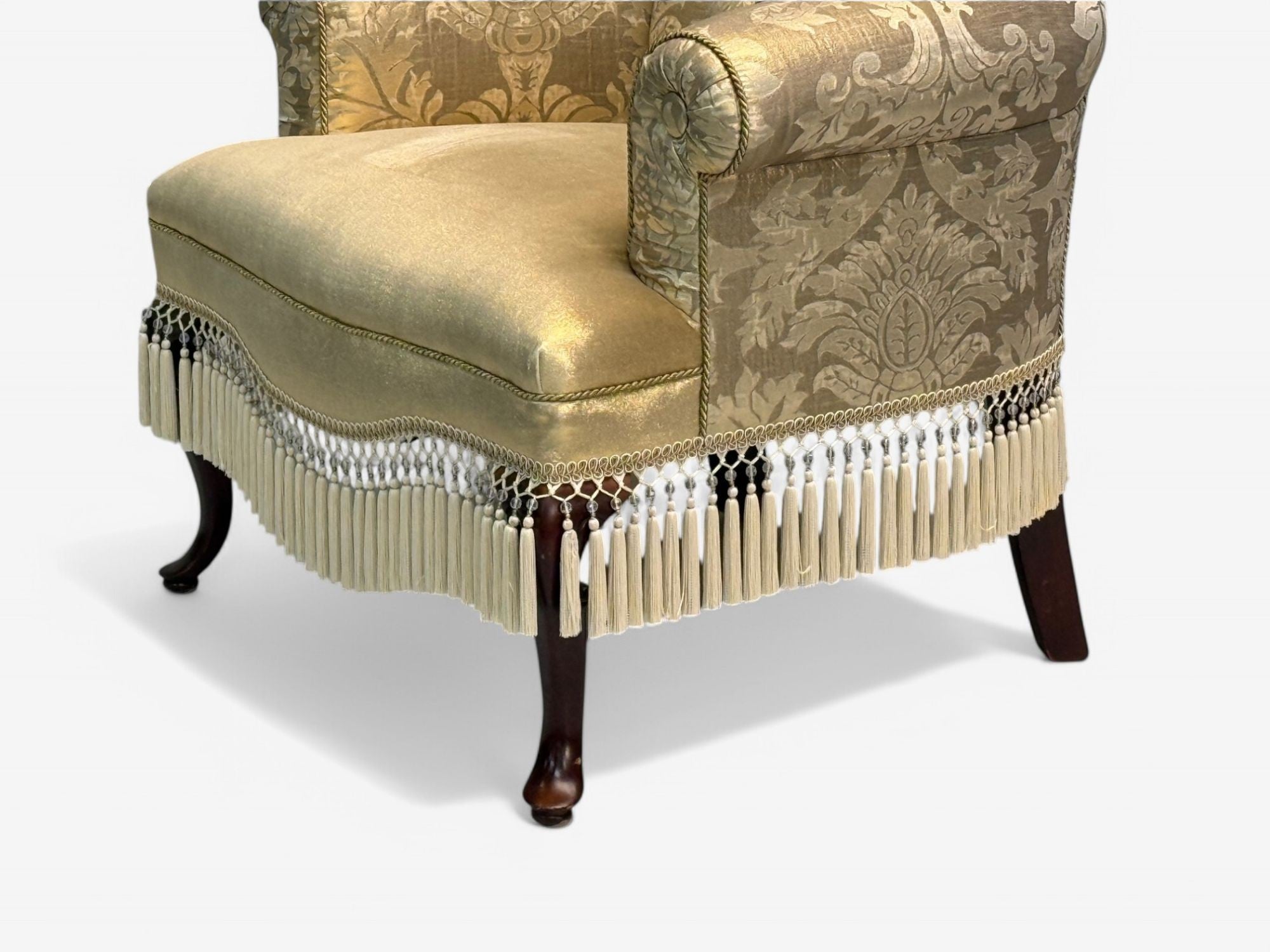 Victorian Style, Large Armchairs, Silk Fabric, Stained Wood, USA, 20th C.