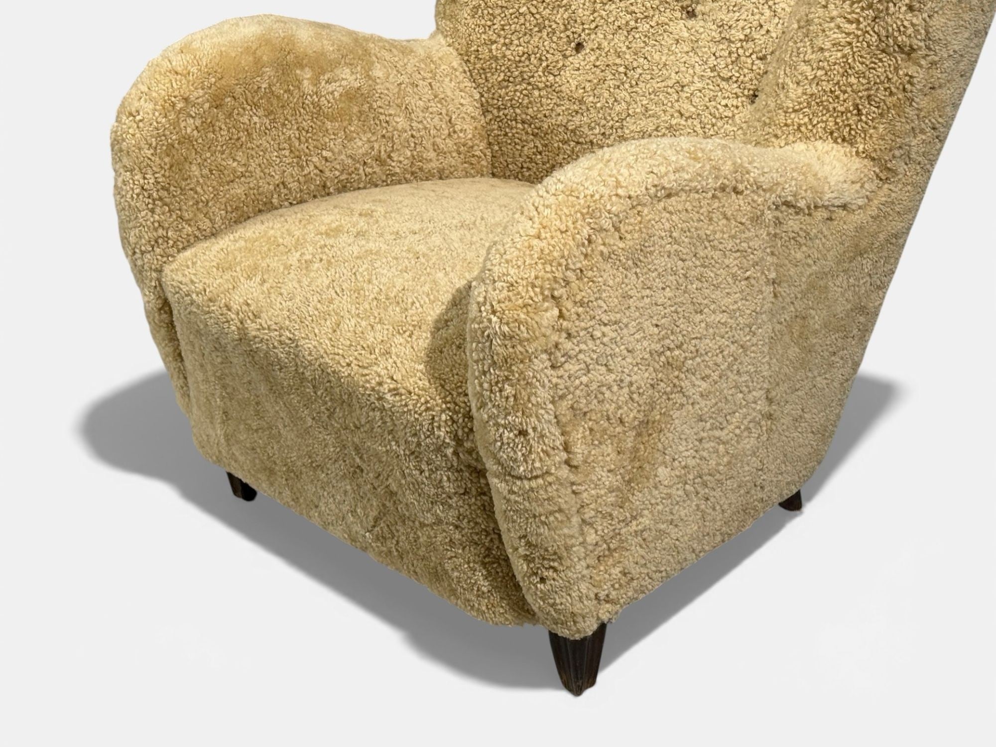 Swedish Modern, Organic Lounge Chairs, Shearling, Wood, Sweden, 1940s