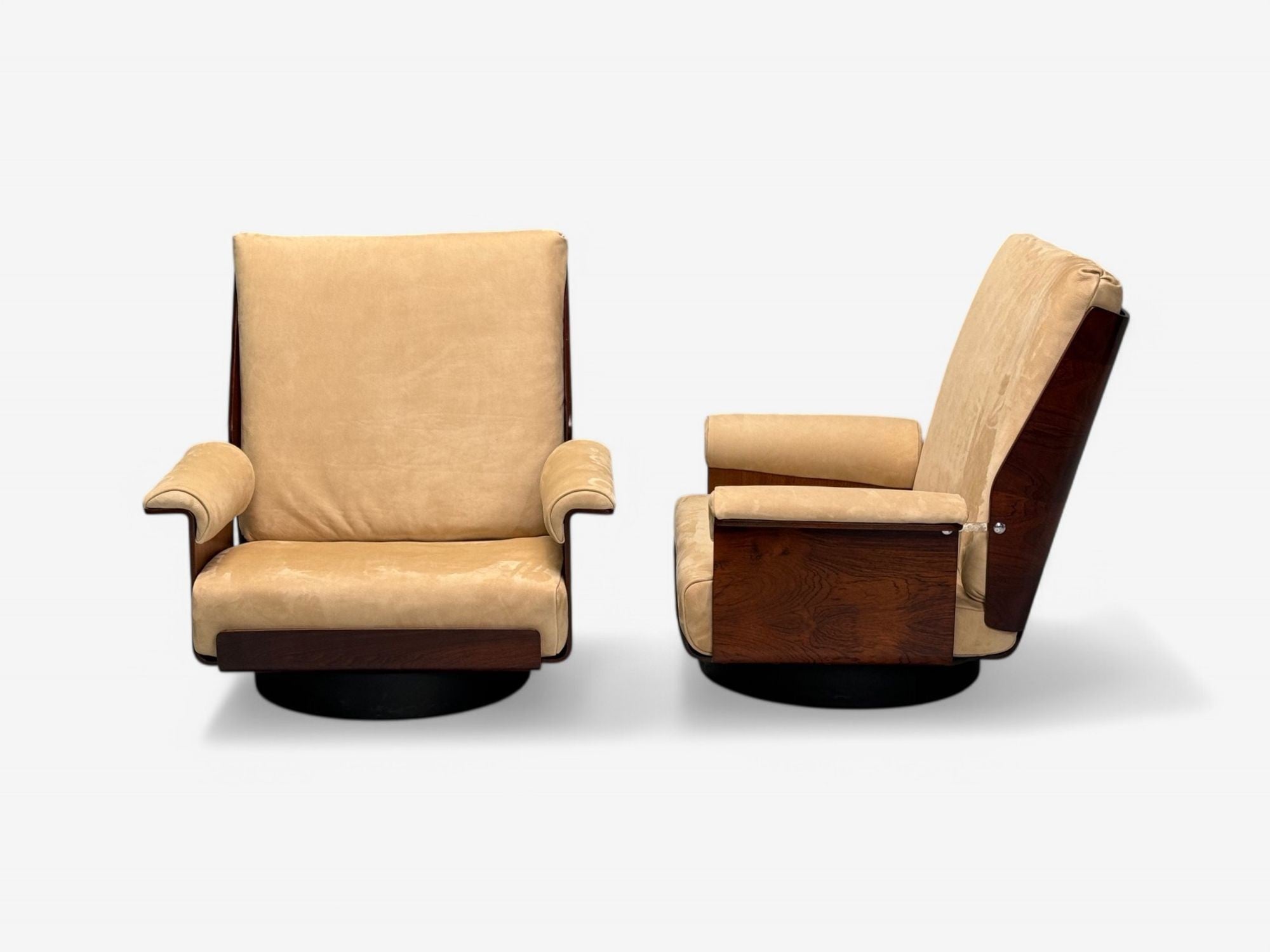 Bernard Brunier, French Mid-Century Modern, Rosewood, Suede, Low Lounge Chairs