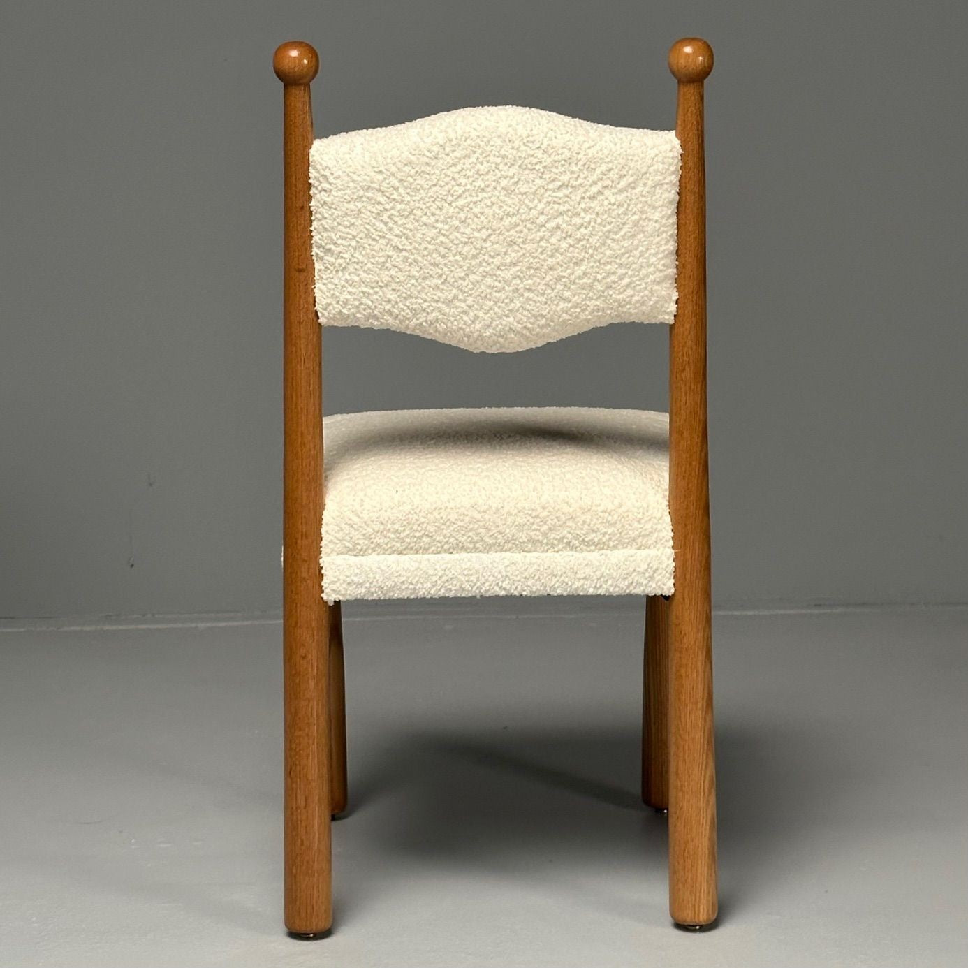 French Mid-Century Modern Style, Oak, White Boucle, Ten Dining Chairs, 21st C.