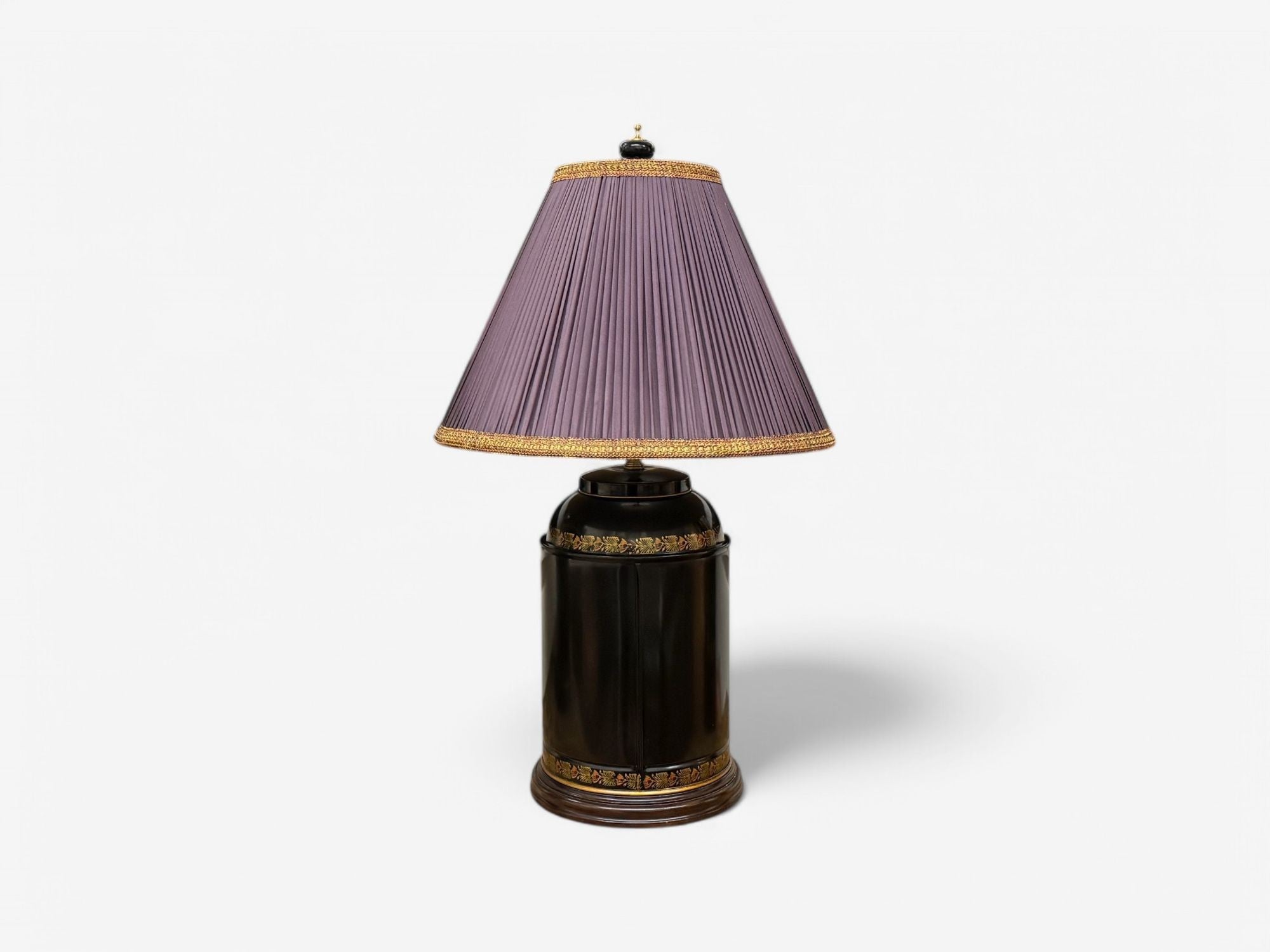 Chinese Export, Chinoiserie, Black Metal, Canister Lamps, Silk Shades, 1960s