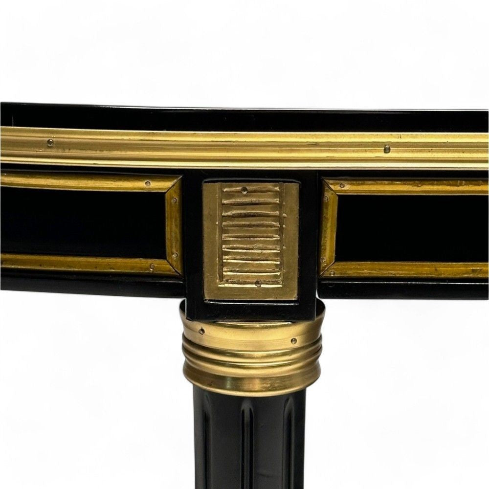 Maison Jansen Style, Hollywood Regency, Dining Table, Black Lacquer, Bronze