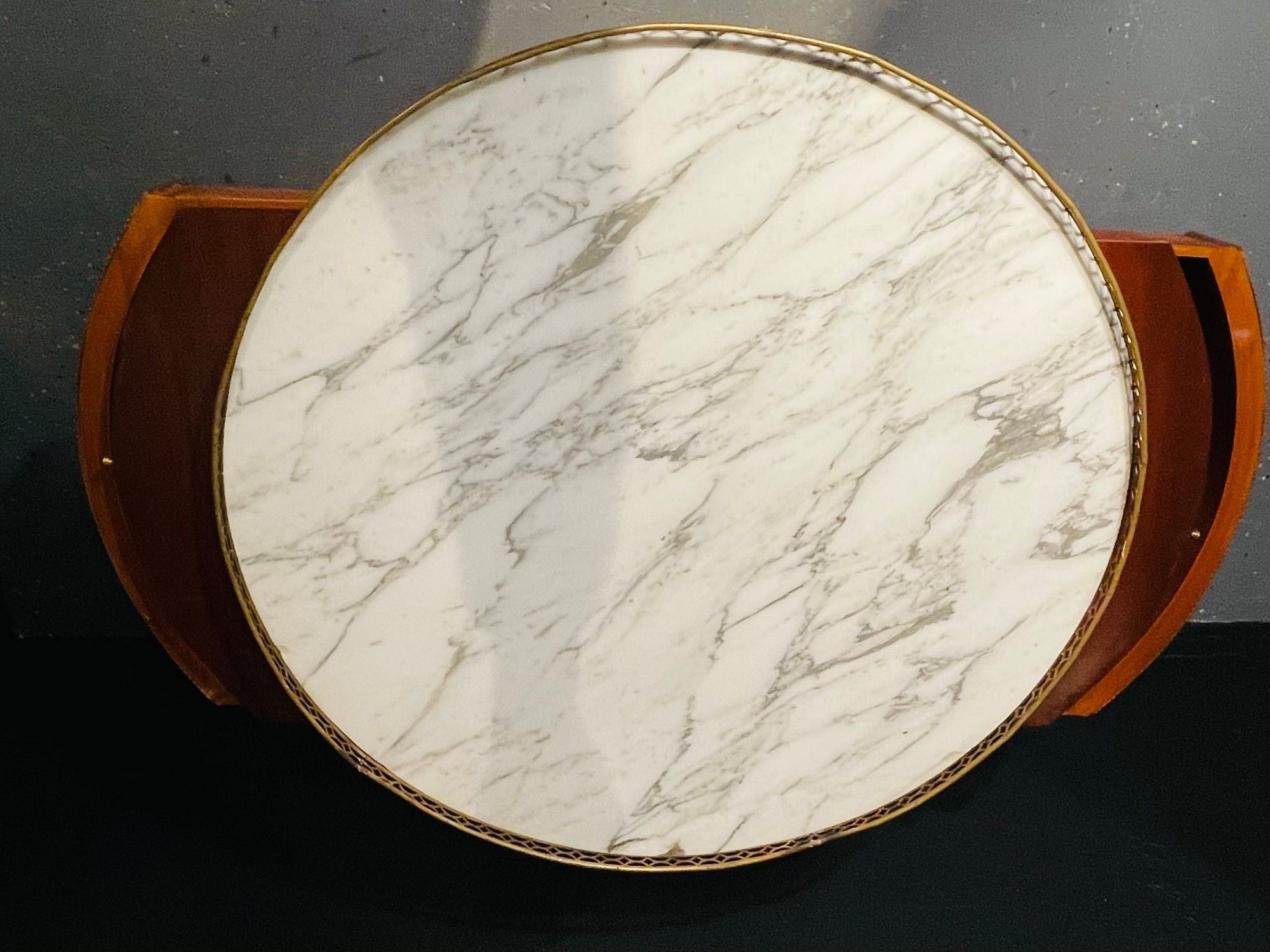 Pair of Marble Top Greek Key Bouillotte or End Tables, Manner of Jansen