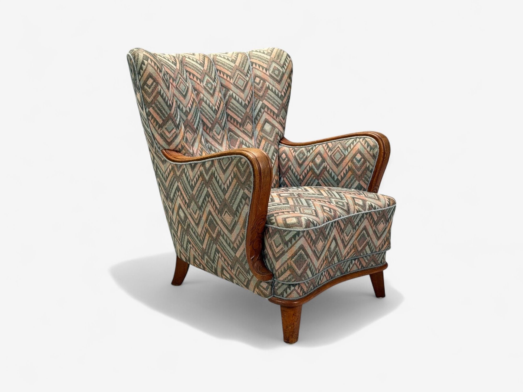 Swedish Art Deco, Stained Wood, Fabric, Organic Lounge Chairs, Sweden, 1970s